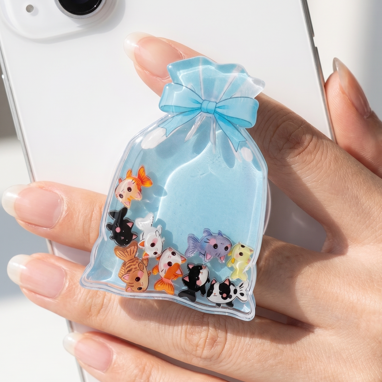 Hand holding a clear goldfish bag with small kawaii cat fish charms against a white background