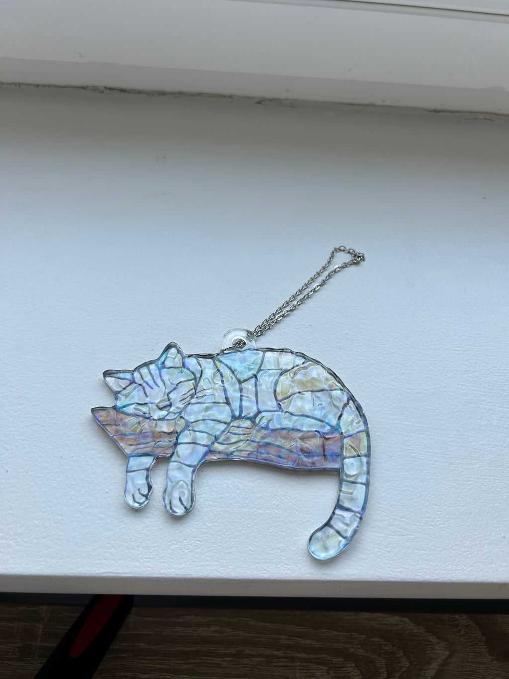 Dangling Cat Sleeping on a Branch Suncatcher, Holographic Rainbow Window Ornament