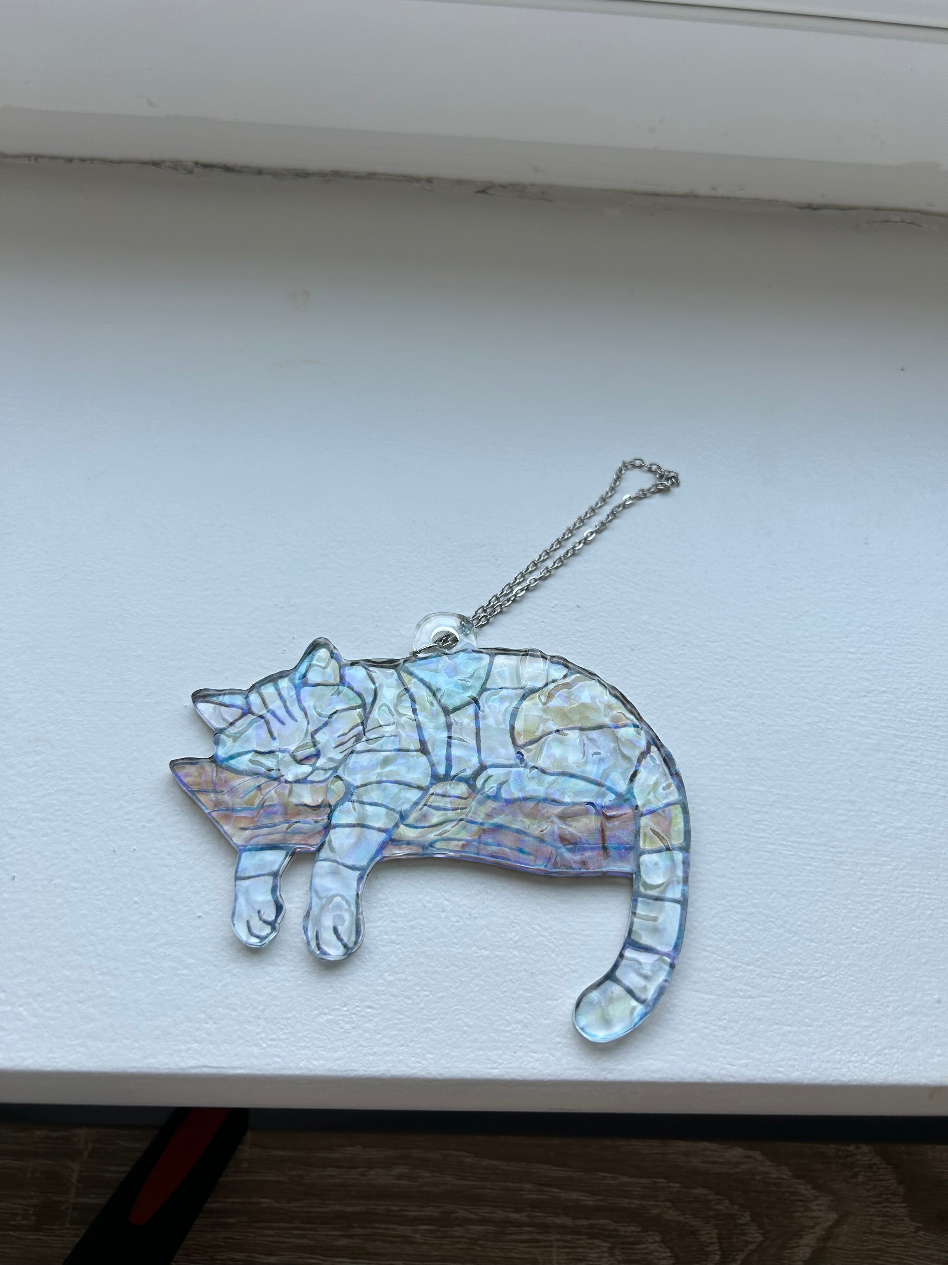 Dangling Cat Sleeping on a Branch Suncatcher, Holographic Rainbow Window Ornament
