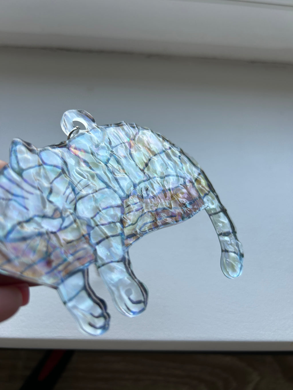 Dangling Cat Sleeping on a Branch Suncatcher, Holographic Rainbow Window Ornament