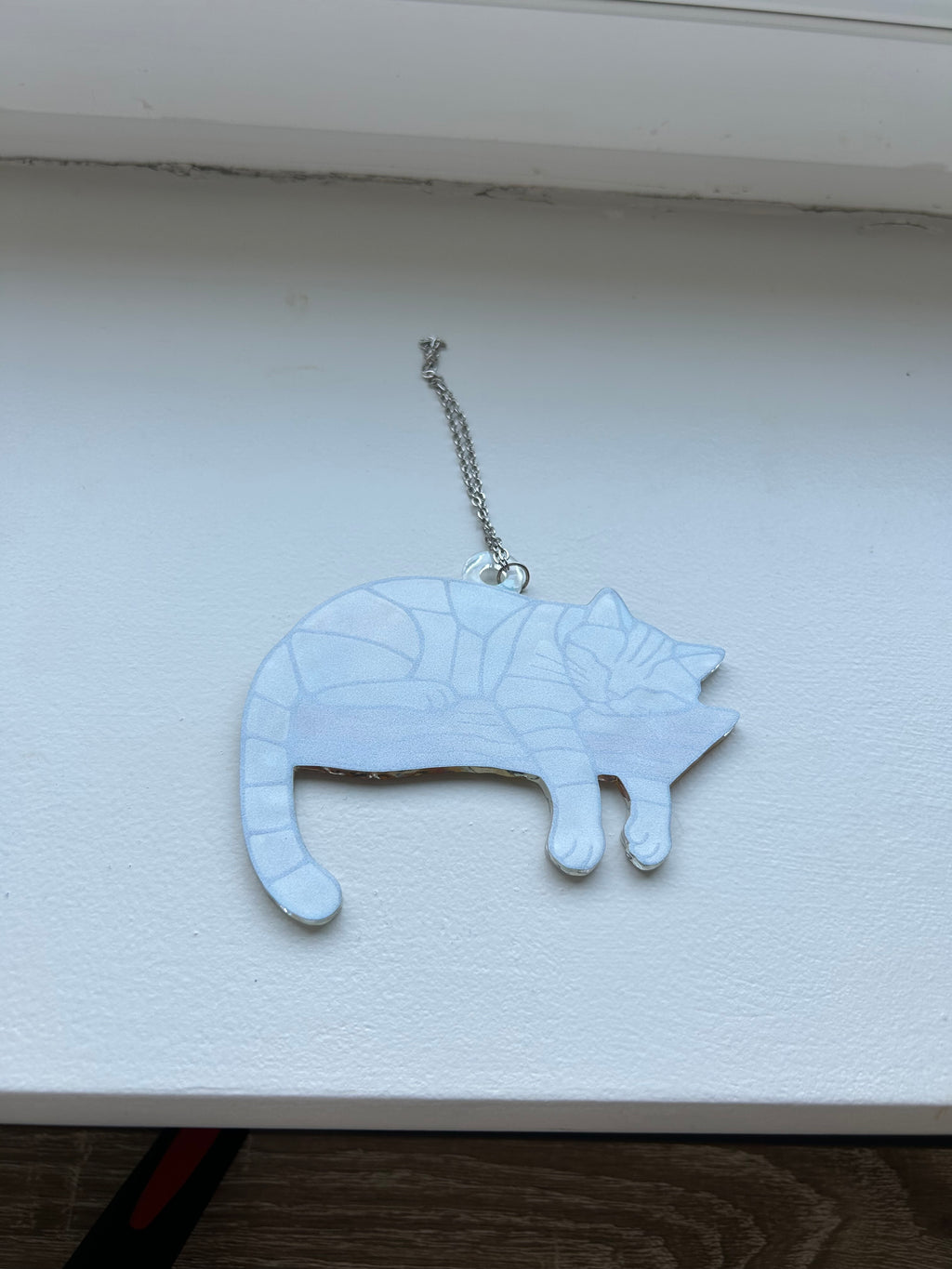 Dangling Cat Sleeping on a Branch Suncatcher, Holographic Rainbow Window Ornament