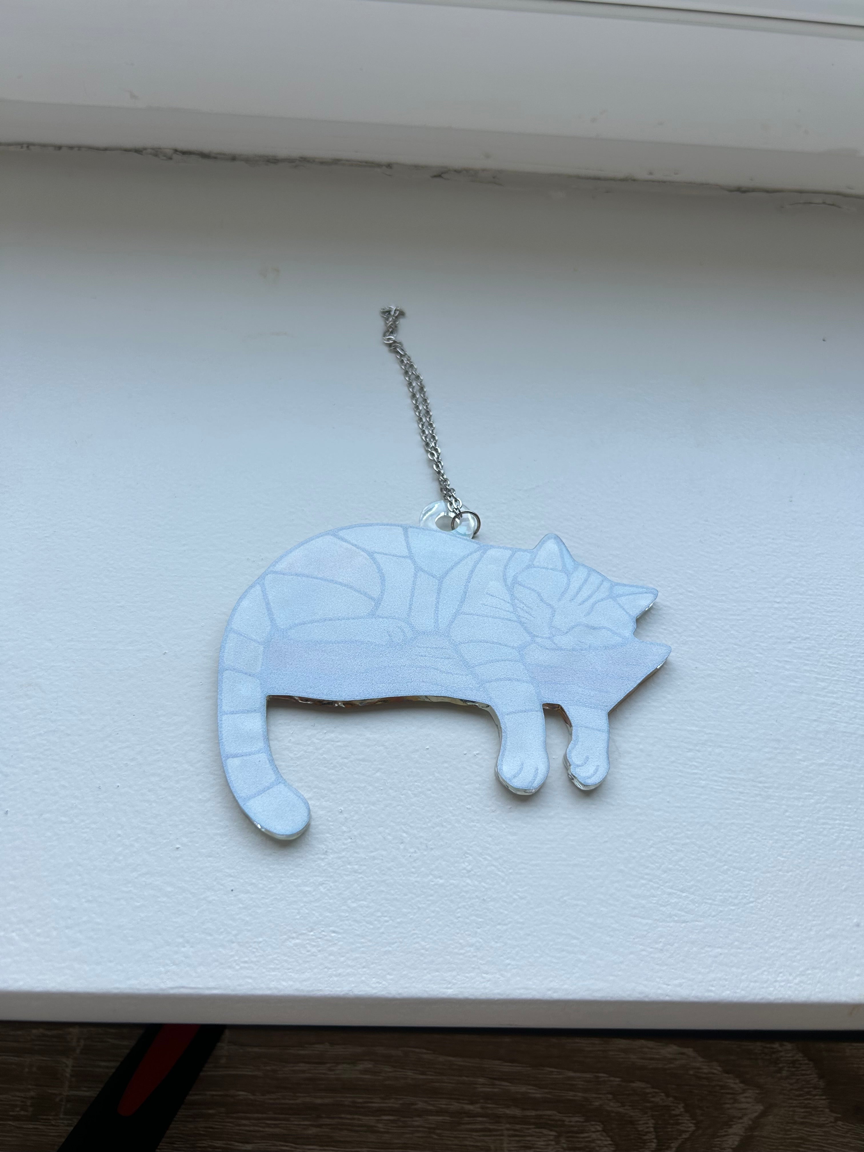 Dangling Cat Sleeping on a Branch Suncatcher, Holographic Rainbow Window Ornament