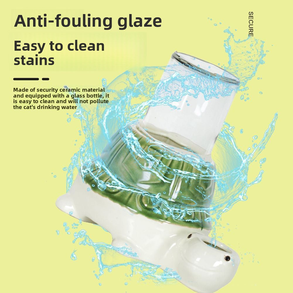 gravity glass and ceramic water bowl for no wet cat chins Cat water fountain with text about anti-fouling glaze and ease of cleaning on a yellow background