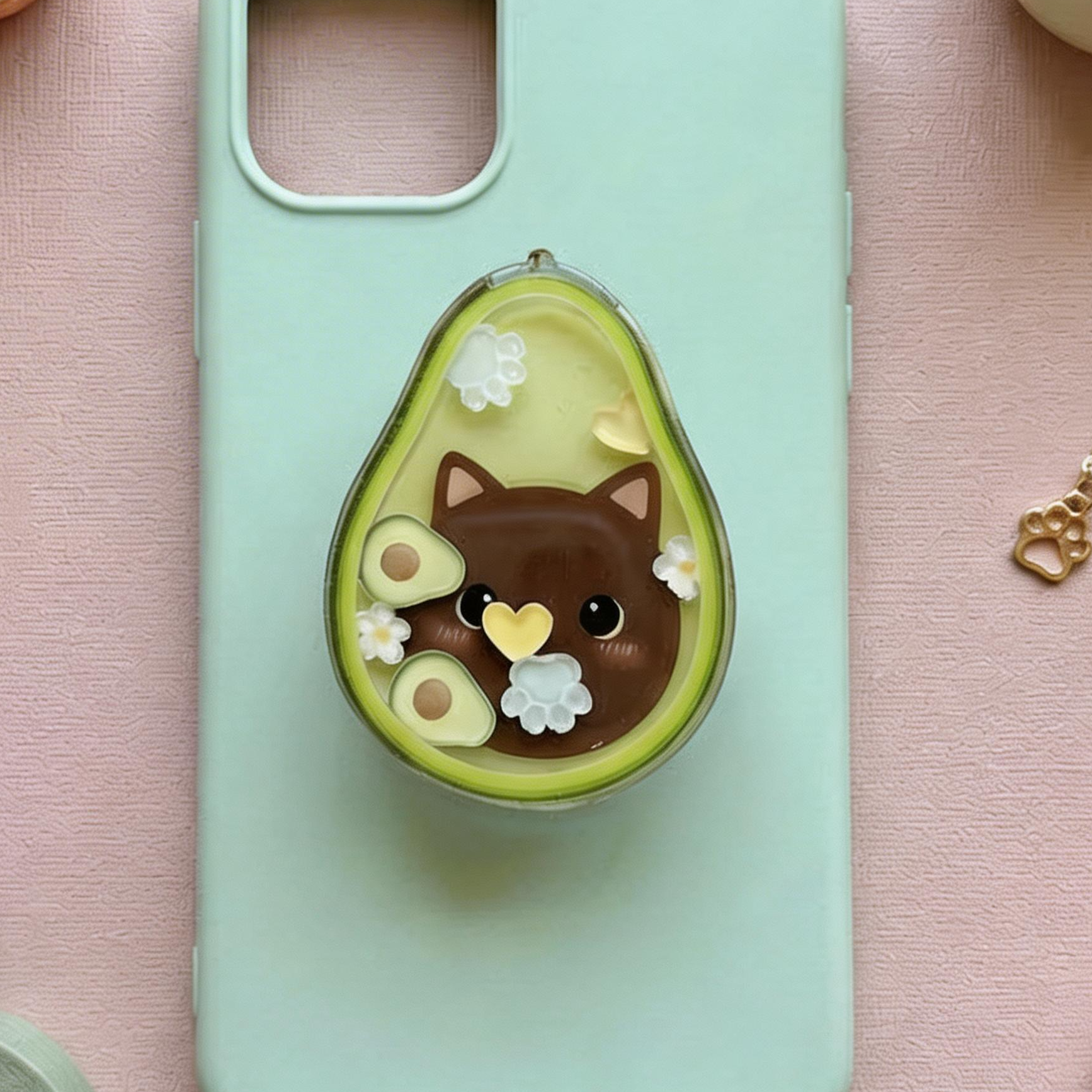 Mint green phone case with avocado cat design on a pink surface with decorative items.