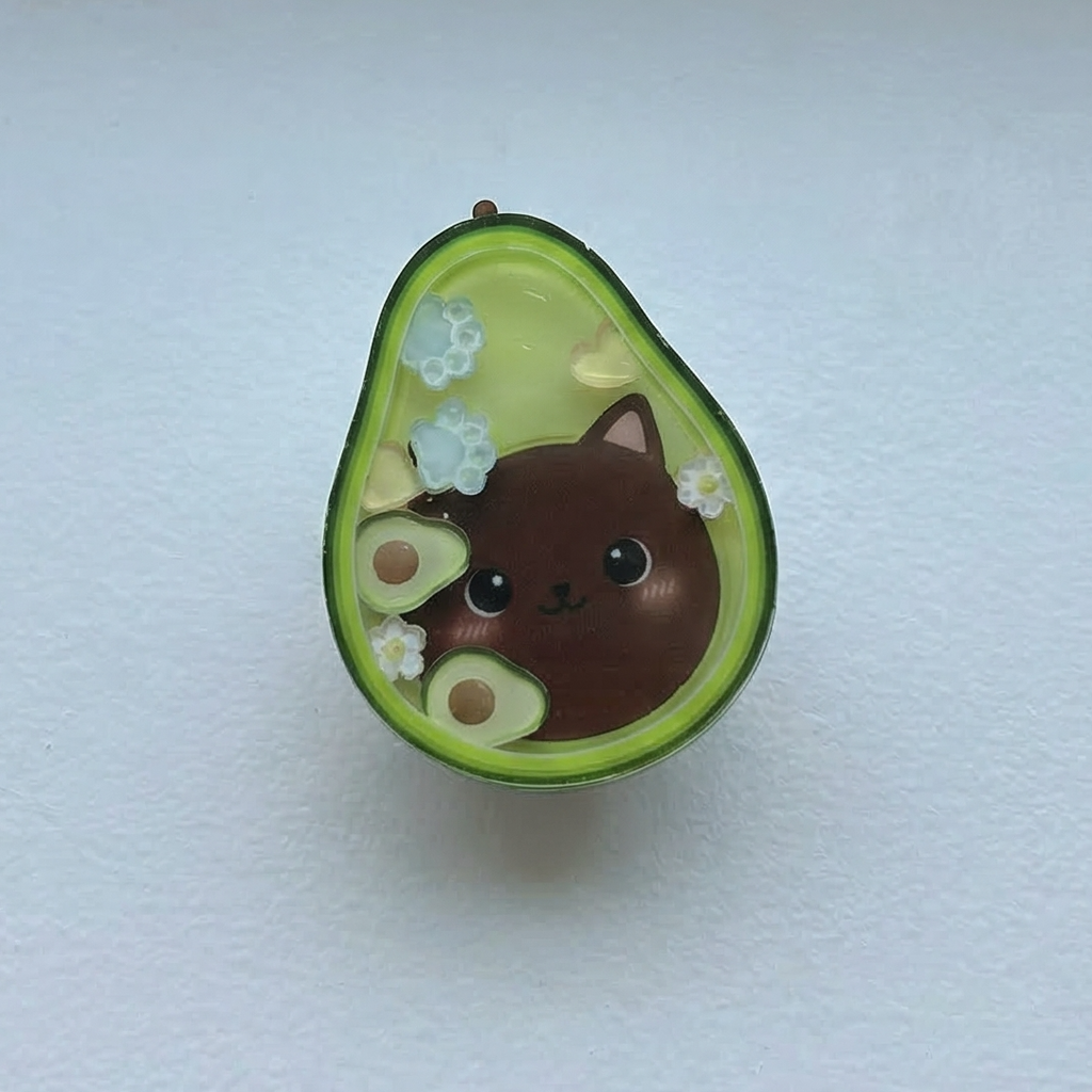 Avocado-shaped object with a cat design on a white background