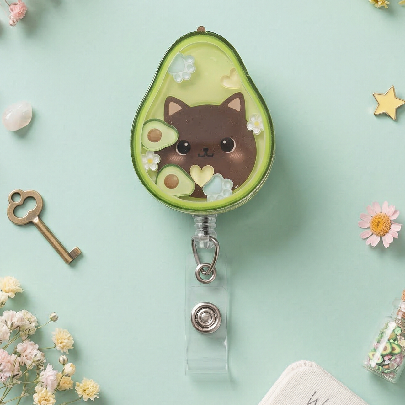 Avocado-shaped badge holder with a cat design on a light green background with flowers and a key.