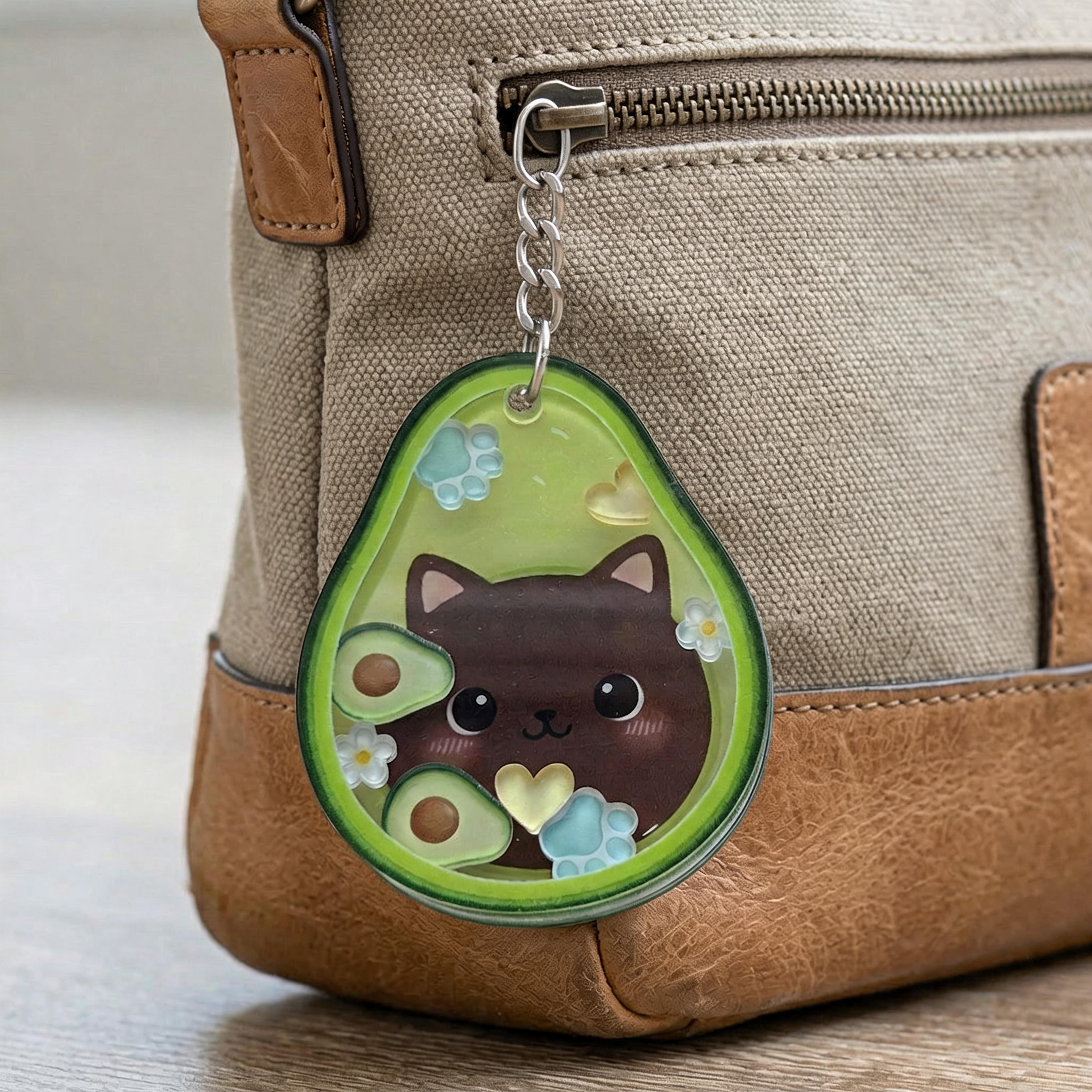 Avocado-shaped keychain with a cat design attached to a beige bag.