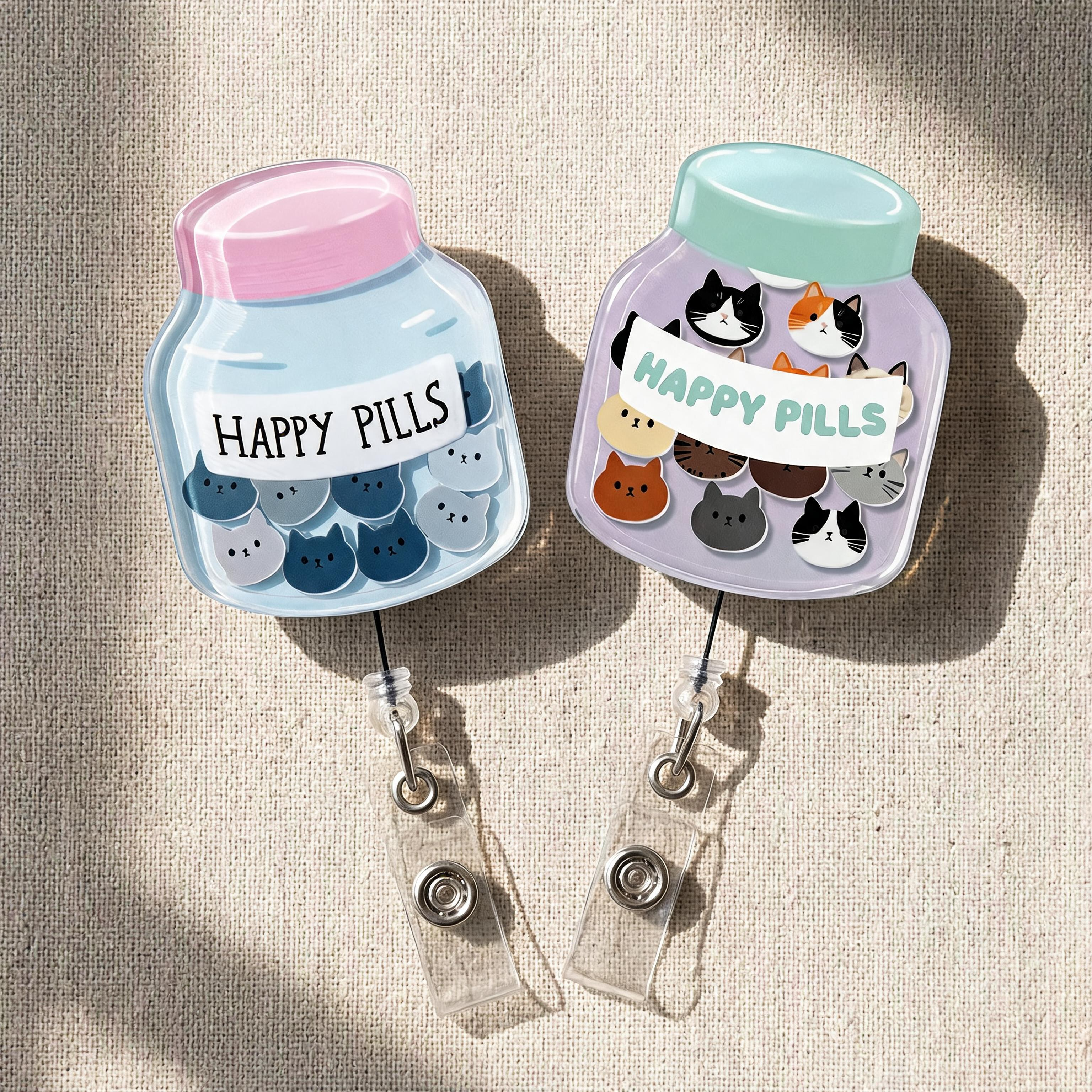 Happy Cat Pills Shaker Badge Reel
