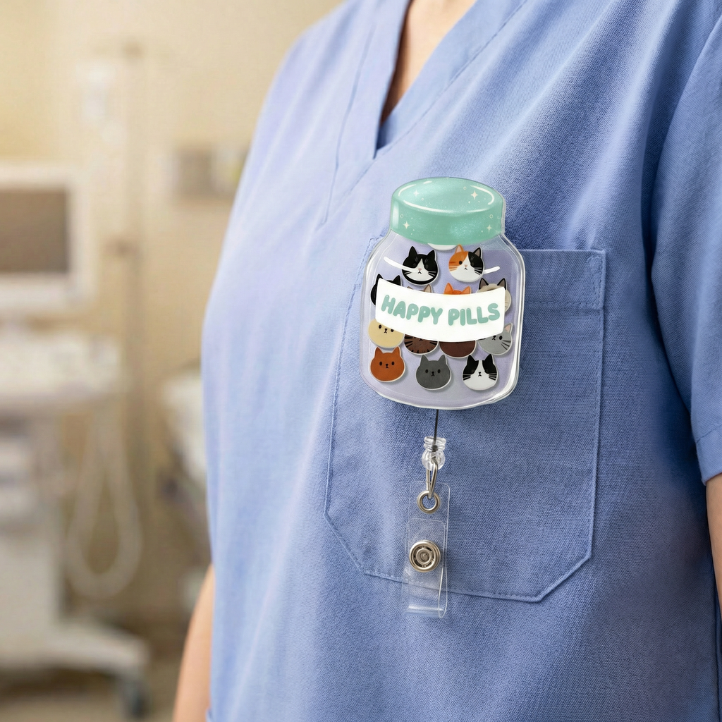 Happy Cat Pills Shaker Badge Reel