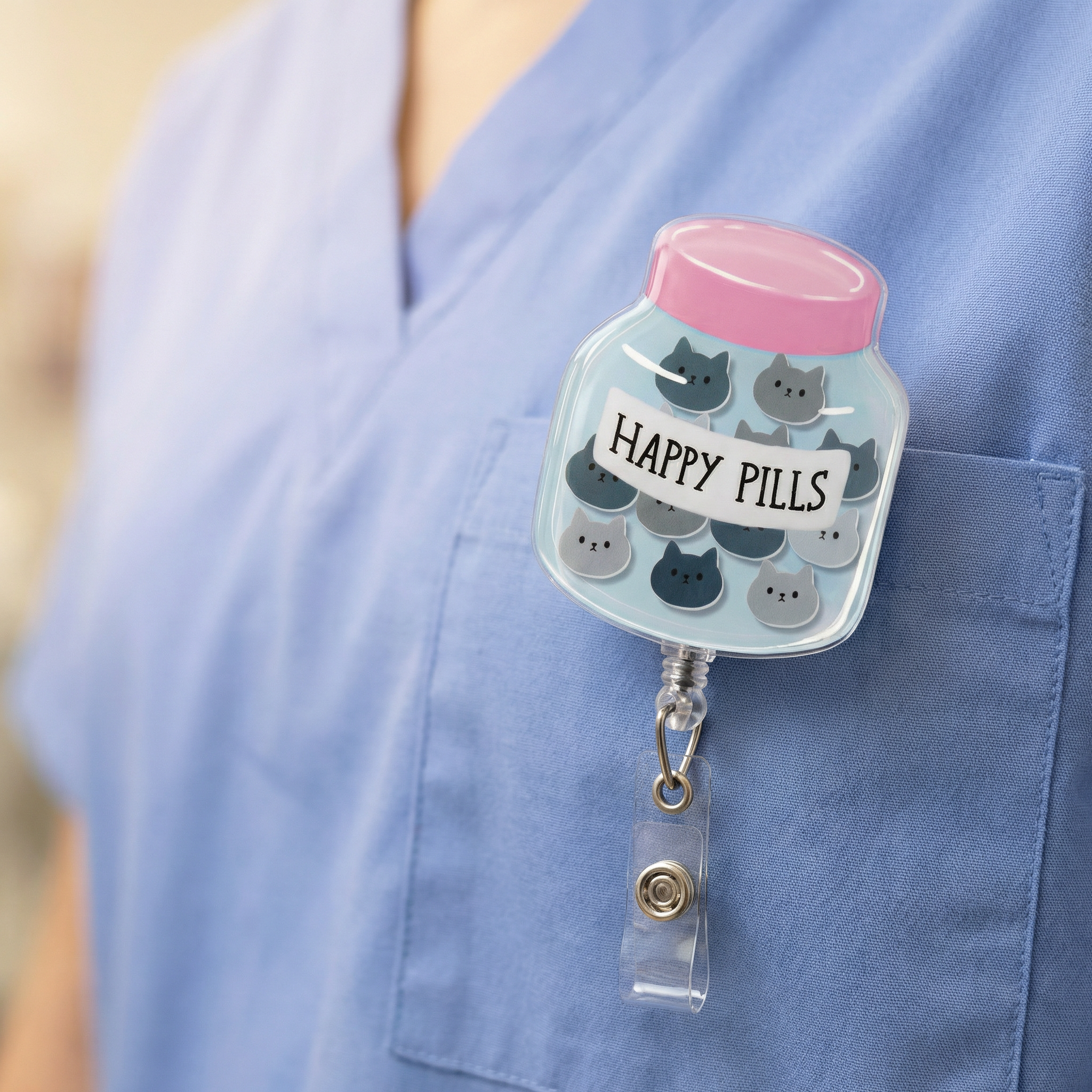 Happy Cat Pills Shaker Badge Reel