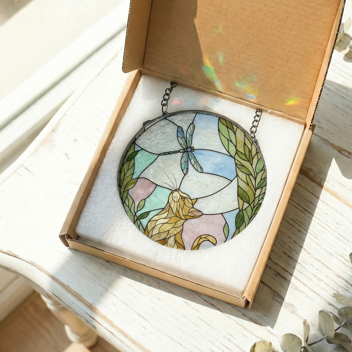 Stained glass suncatcher of a cat looking at a dragonfly in a box on a wooden surface with eucalyptus leaves.
