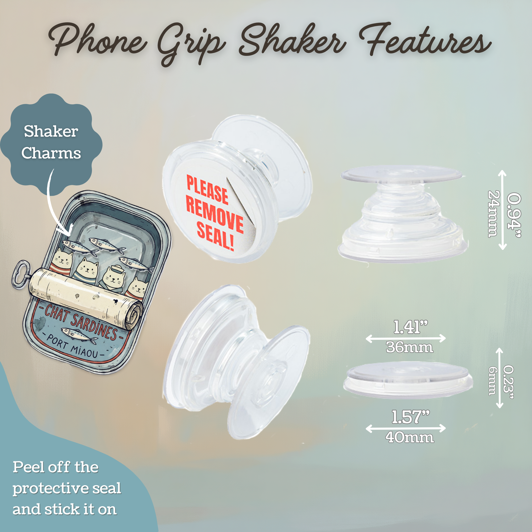 French Cat Sardine Shaker Phone Grip, Adhesive Phone Pop Out Stand