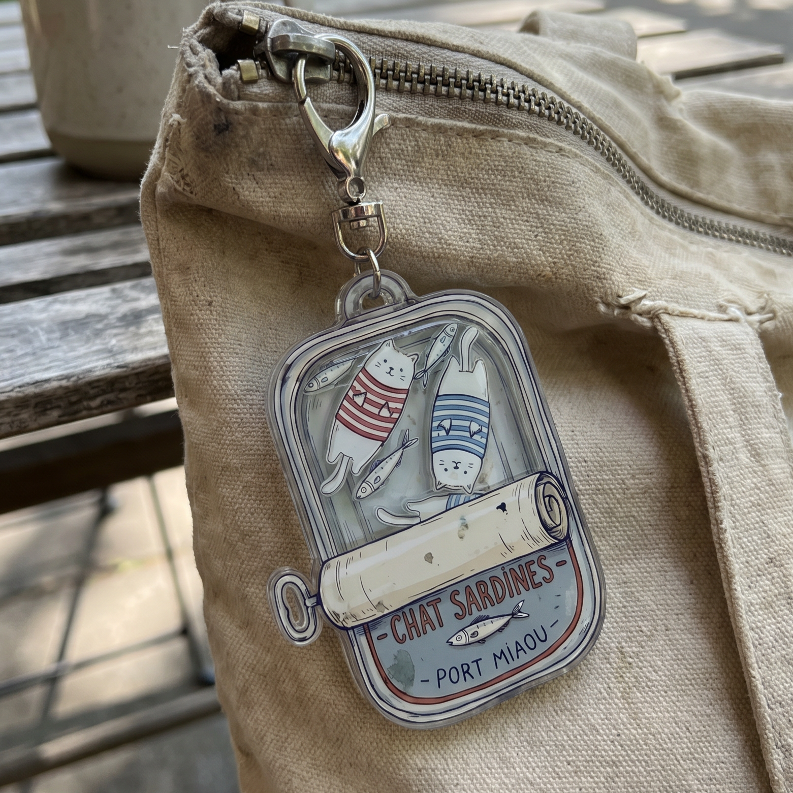 Keychain with cat sardines design on a beige bag outdoors
