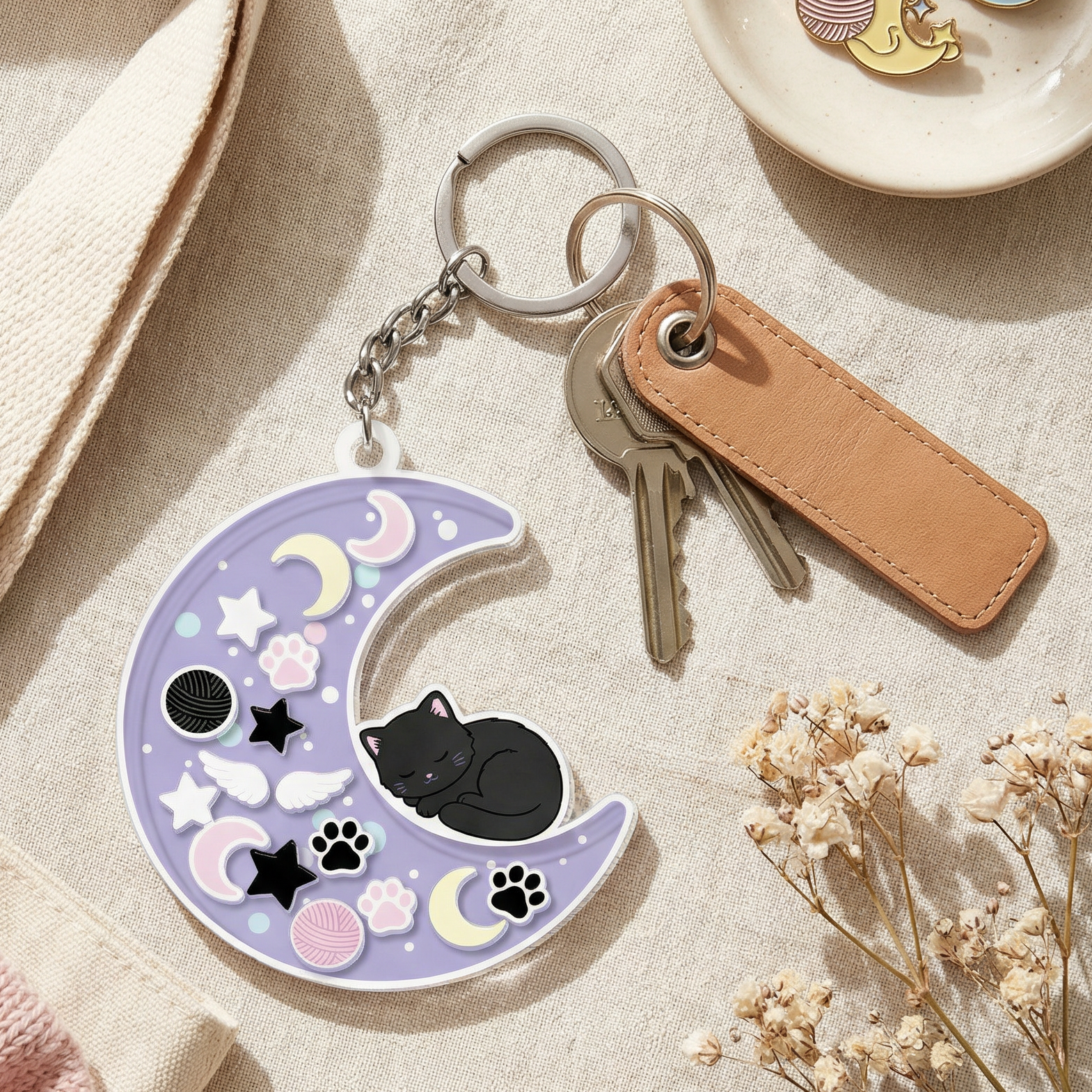 Cresent Moon Kawaii Cat Shaker ADHD Keychain