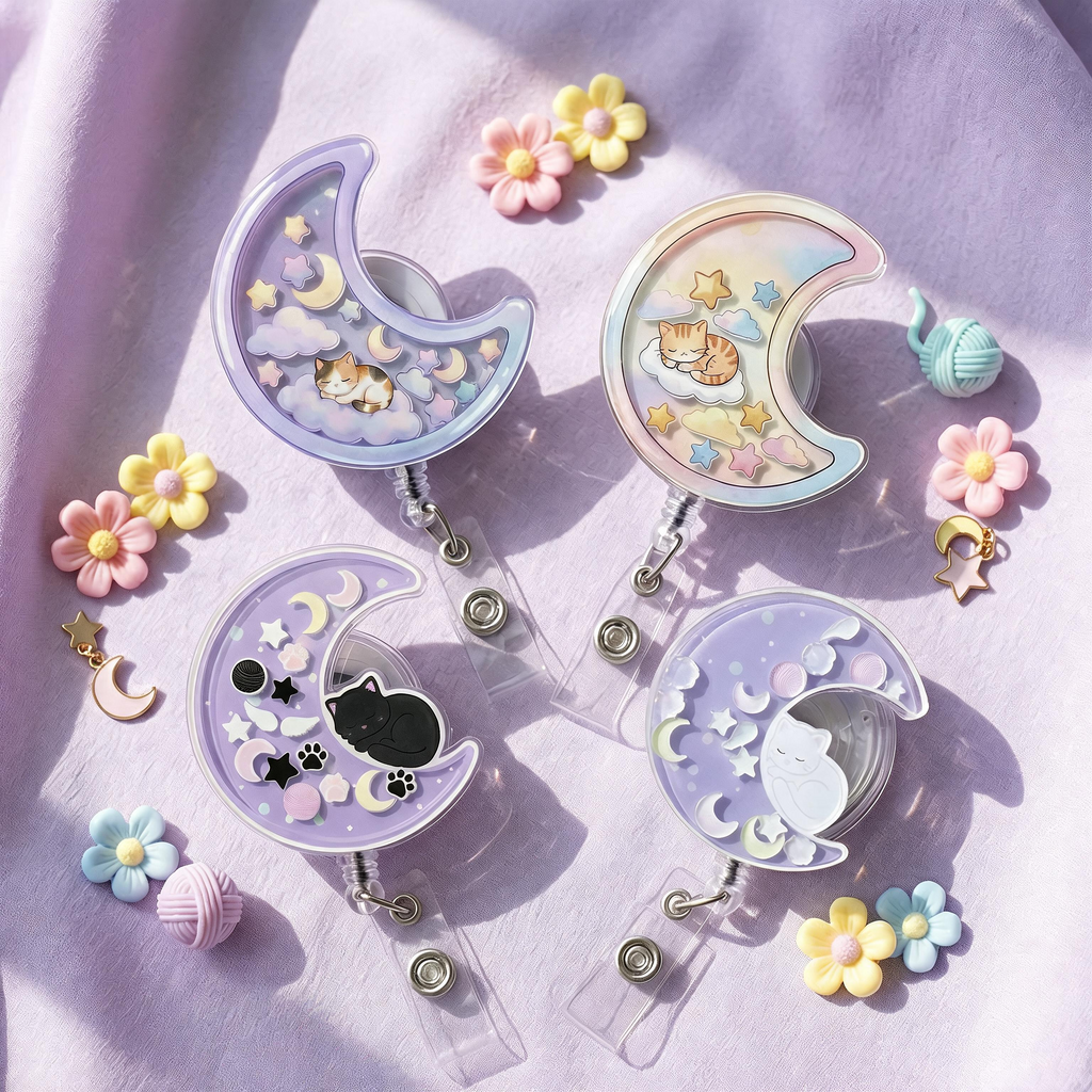 Crescent Moon Cat Shaker Badge Reel