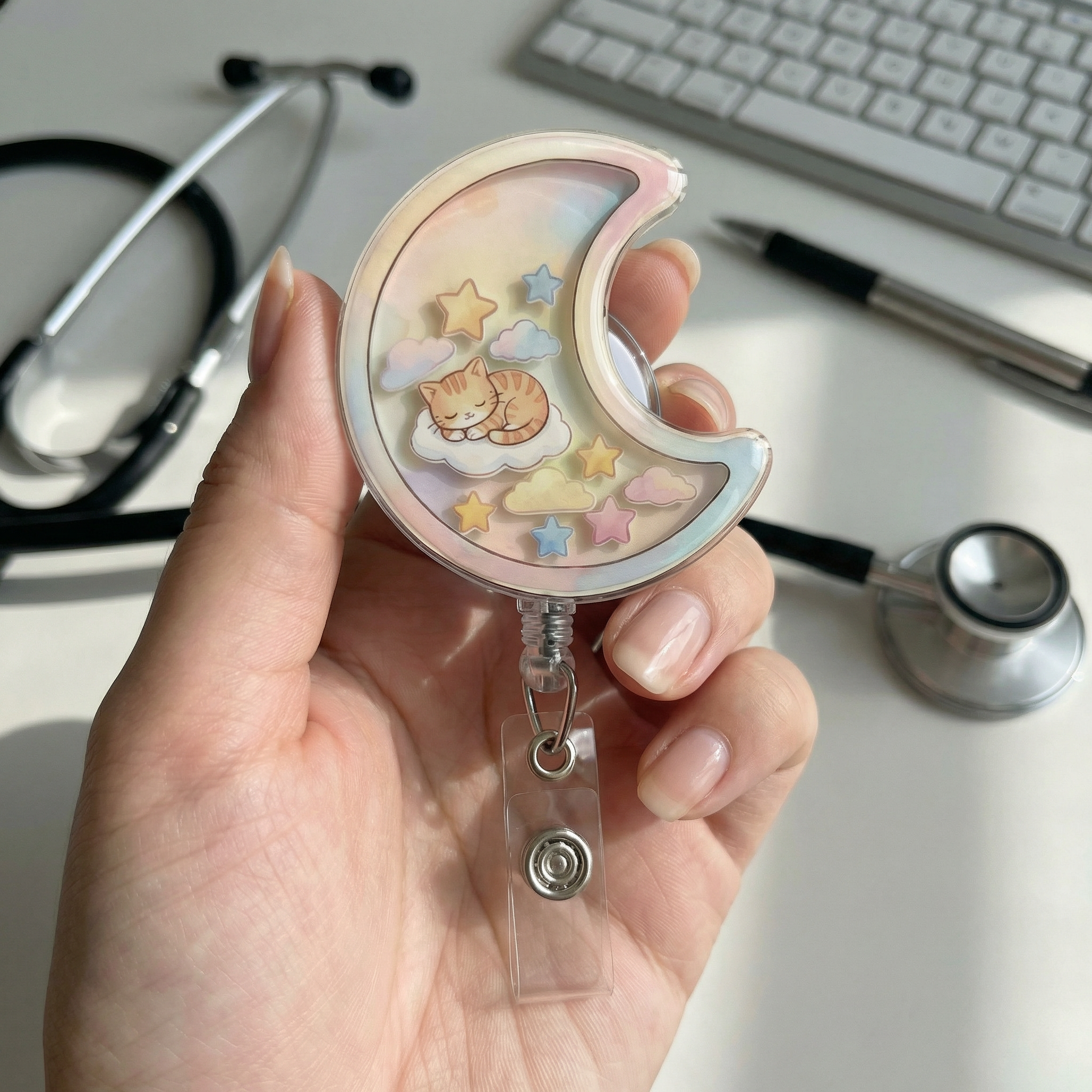 Crescent Moon Cat Shaker Badge Reel