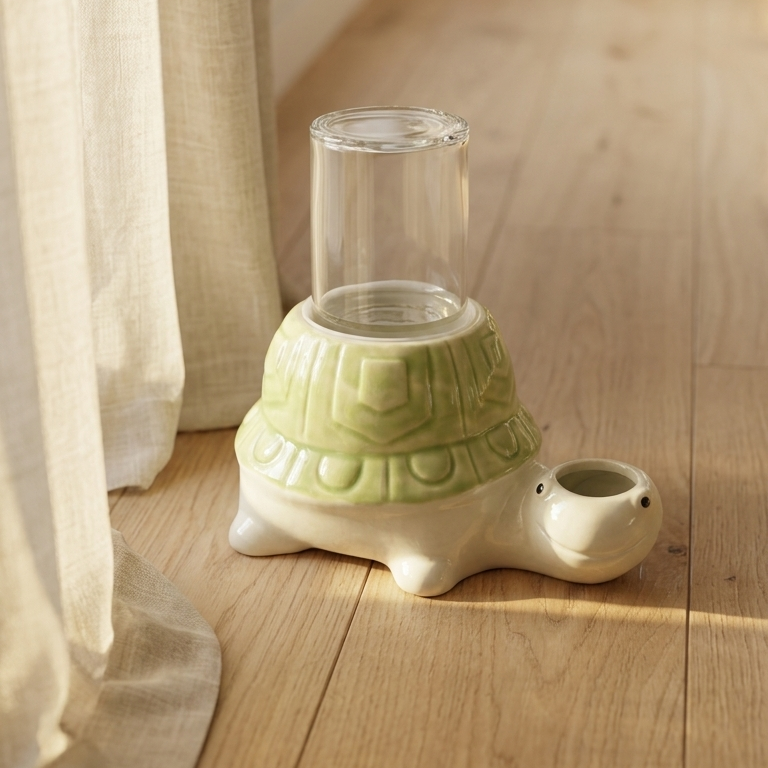 Decorative green turtle gravity glass and ceramic water bowl for no wet cat chins on a wooden floor with light filtering through curtains.