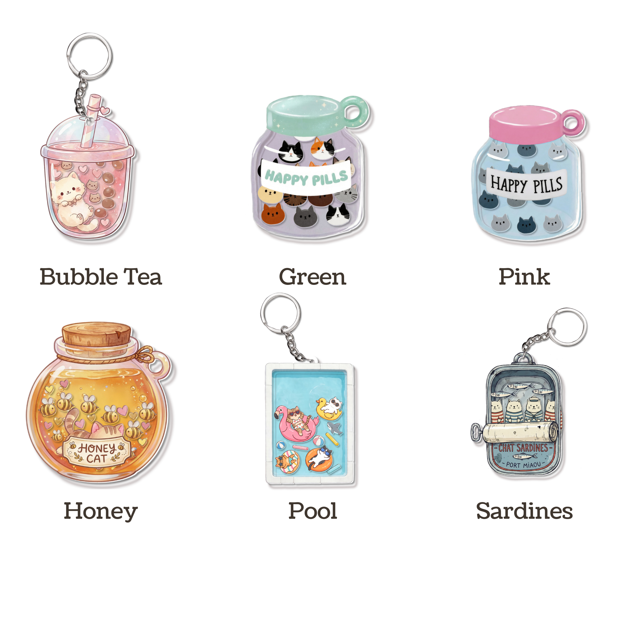 Set of keychains with various designs and colors on a white background