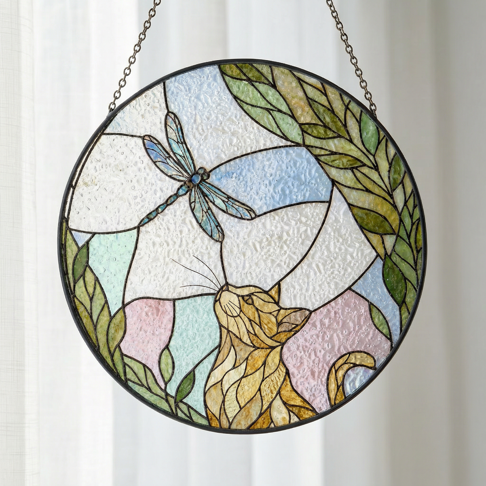 Stained glass panel with a cat and dragonfly design on a white background