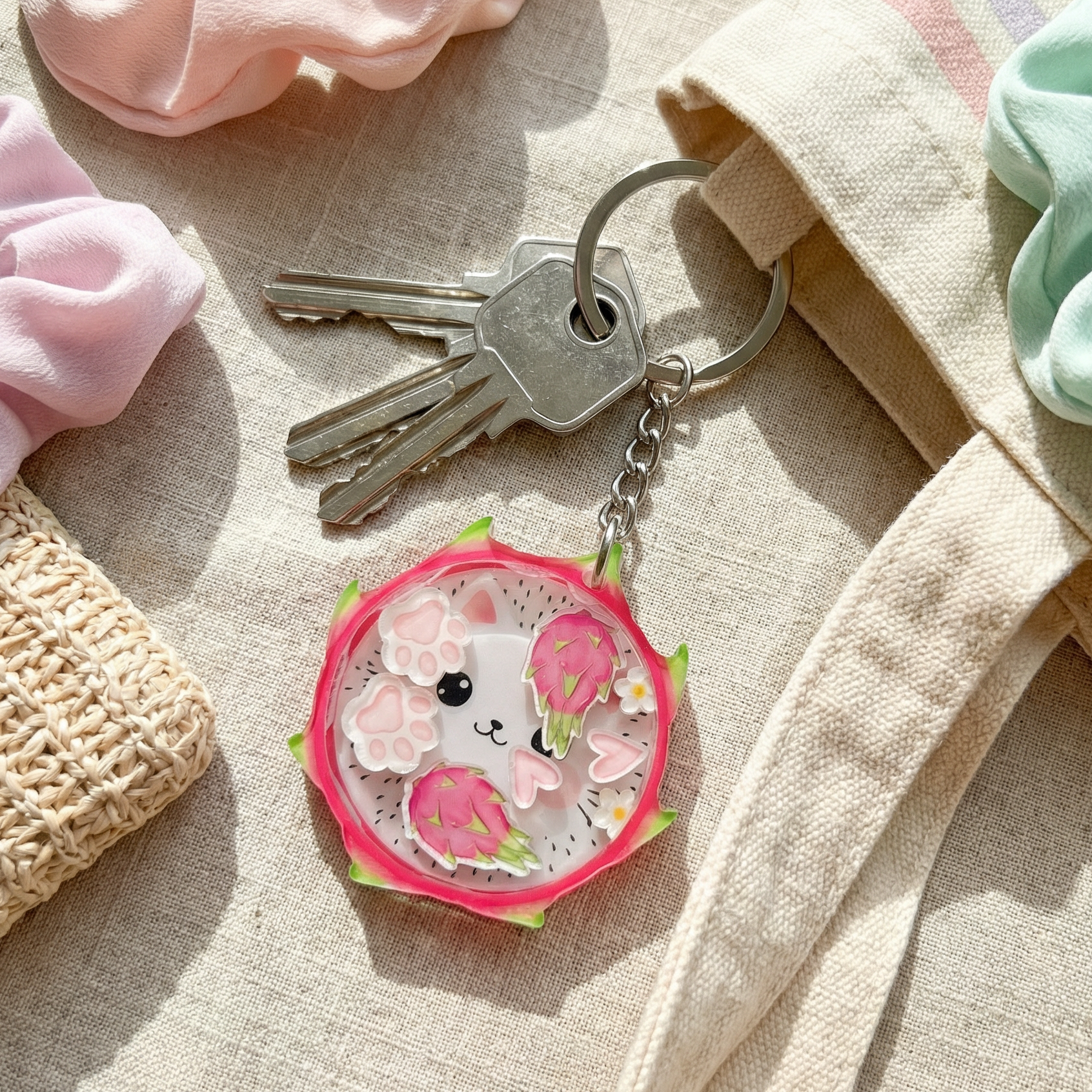 Keychain with a cute dragon fruit cat design on a textured surface with scrunchies and keys.