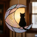 Celestial Moon Black Cat Suncatcher, Holographic Acrylic Window Decor, Double Sided Star Hologram, Dreamy Cat Lover Gift