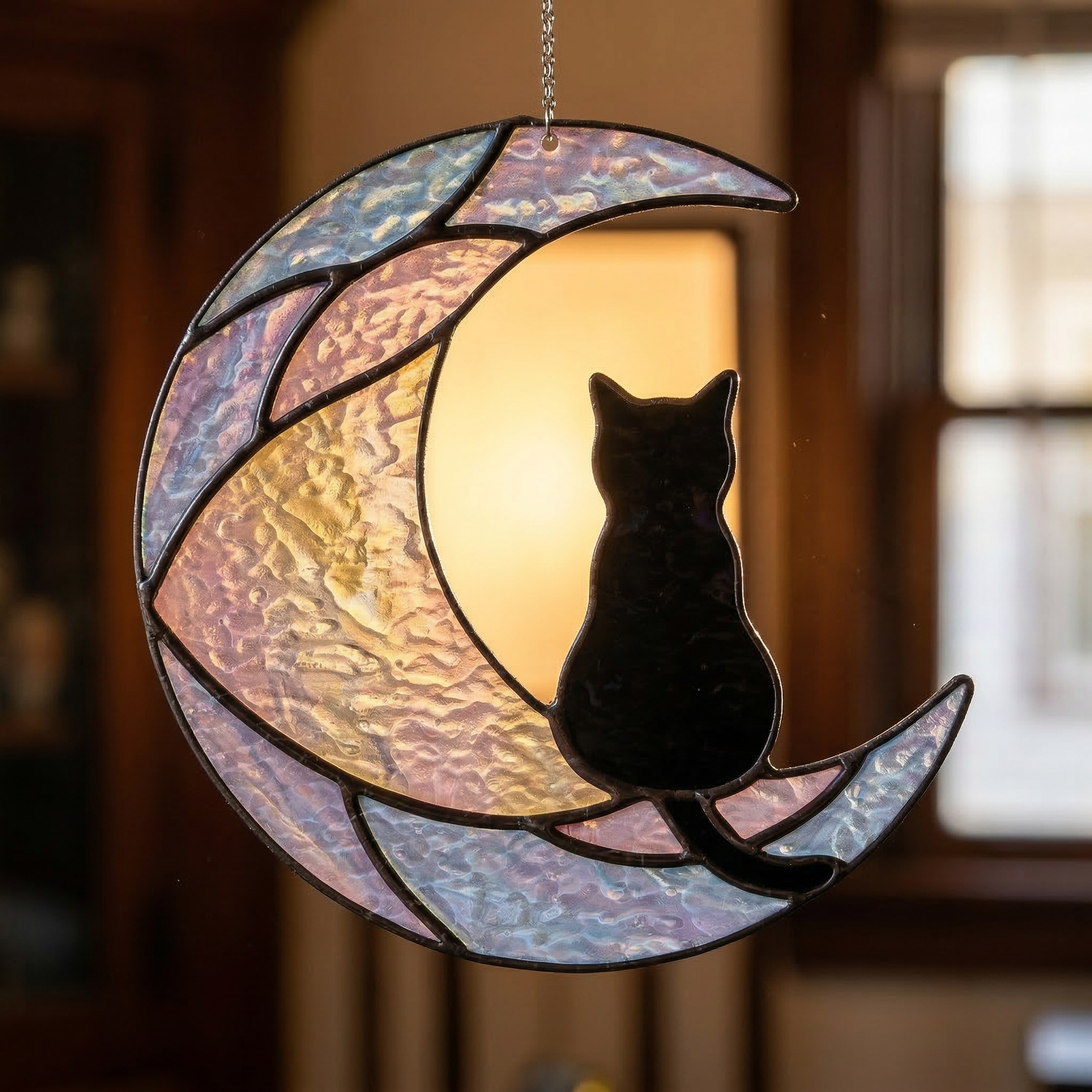 Celestial Moon Black Cat Suncatcher, Holographic Acrylic Window Decor, Double Sided Star Hologram, Dreamy Cat Lover Gift