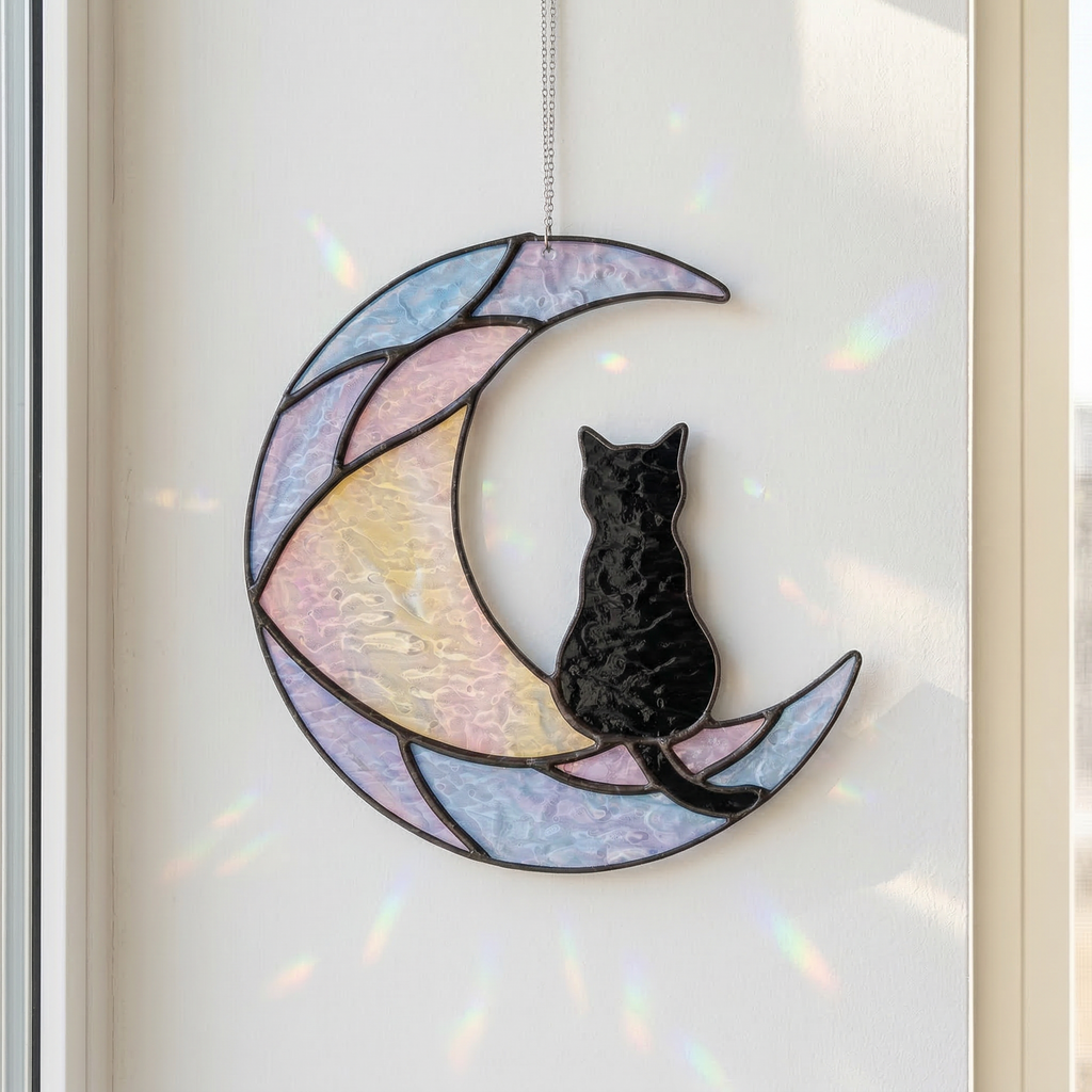 Celestial Moon Black Cat Suncatcher, Holographic Acrylic Window Decor, Double Sided Star Hologram, Dreamy Cat Lover Gift