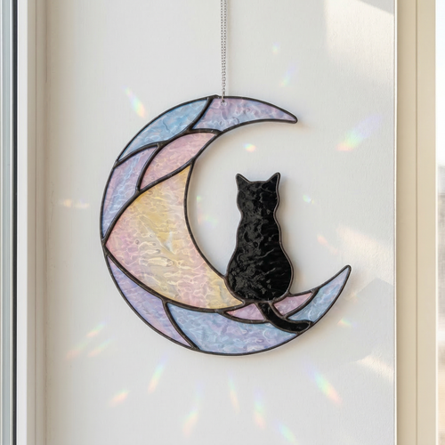 Celestial Moon Black Cat Suncatcher, Holographic Acrylic Window Decor, Double Sided Star Hologram, Dreamy Cat Lover Gift