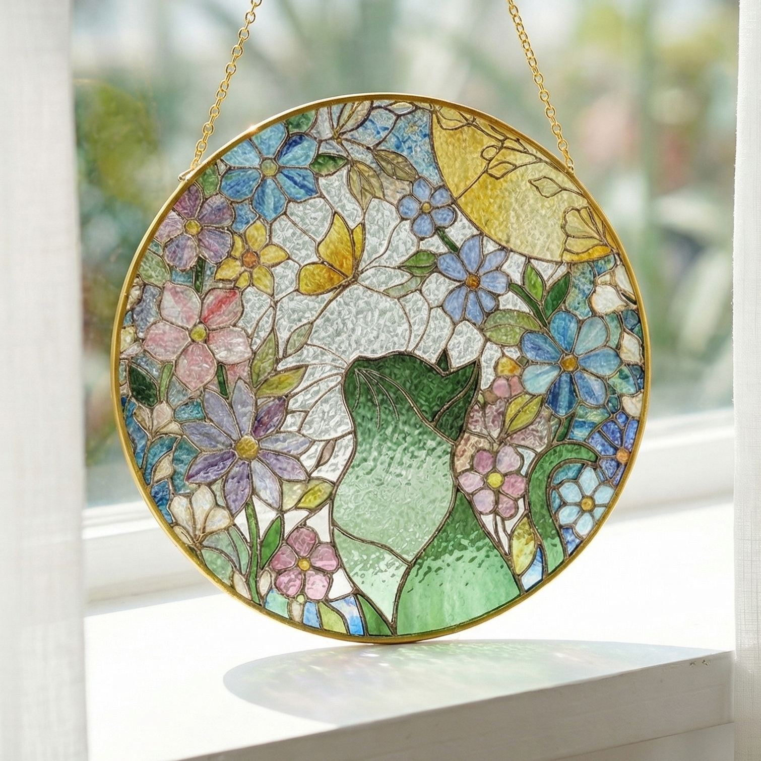 Round gold stained glass panel with cat looking at a butterfly floral design hanging on a window