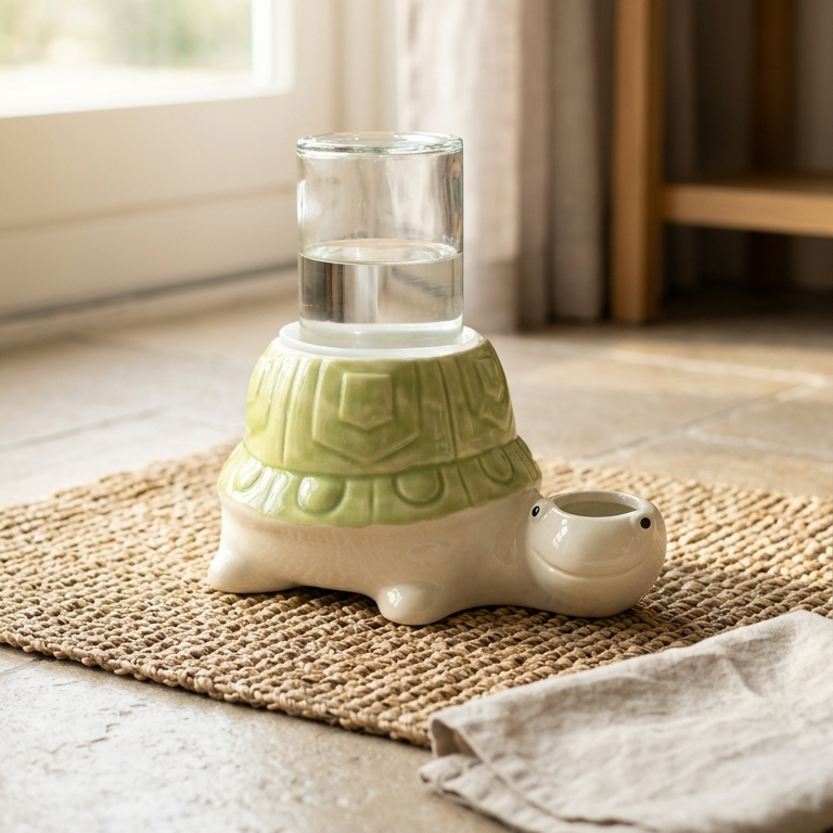 Green turtle gravity glass and ceramic water bowl for no wet cat chins on a woven mat