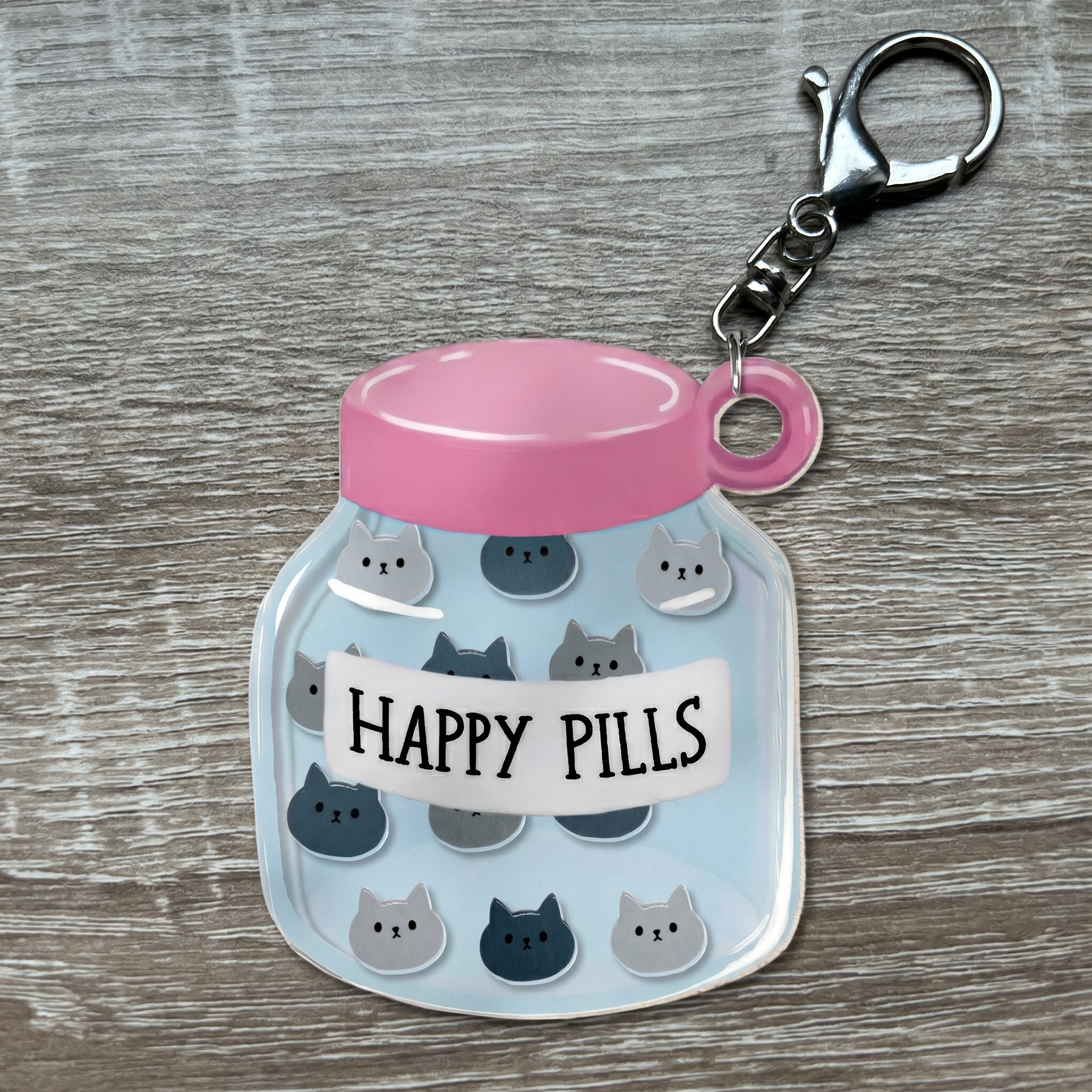cute cat happy pills shaker keychain