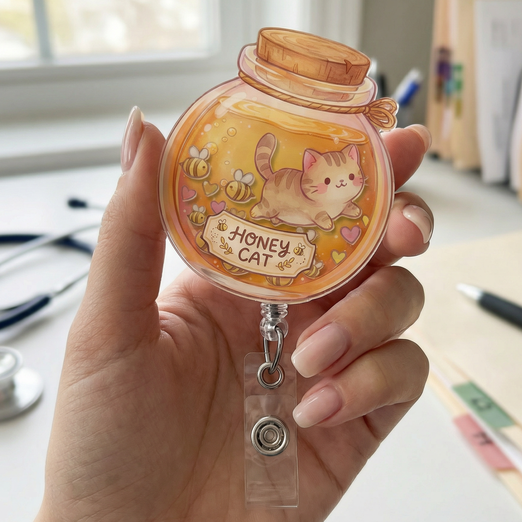 Hand holding a badge reel with a kawaii cat design in a honey jar.