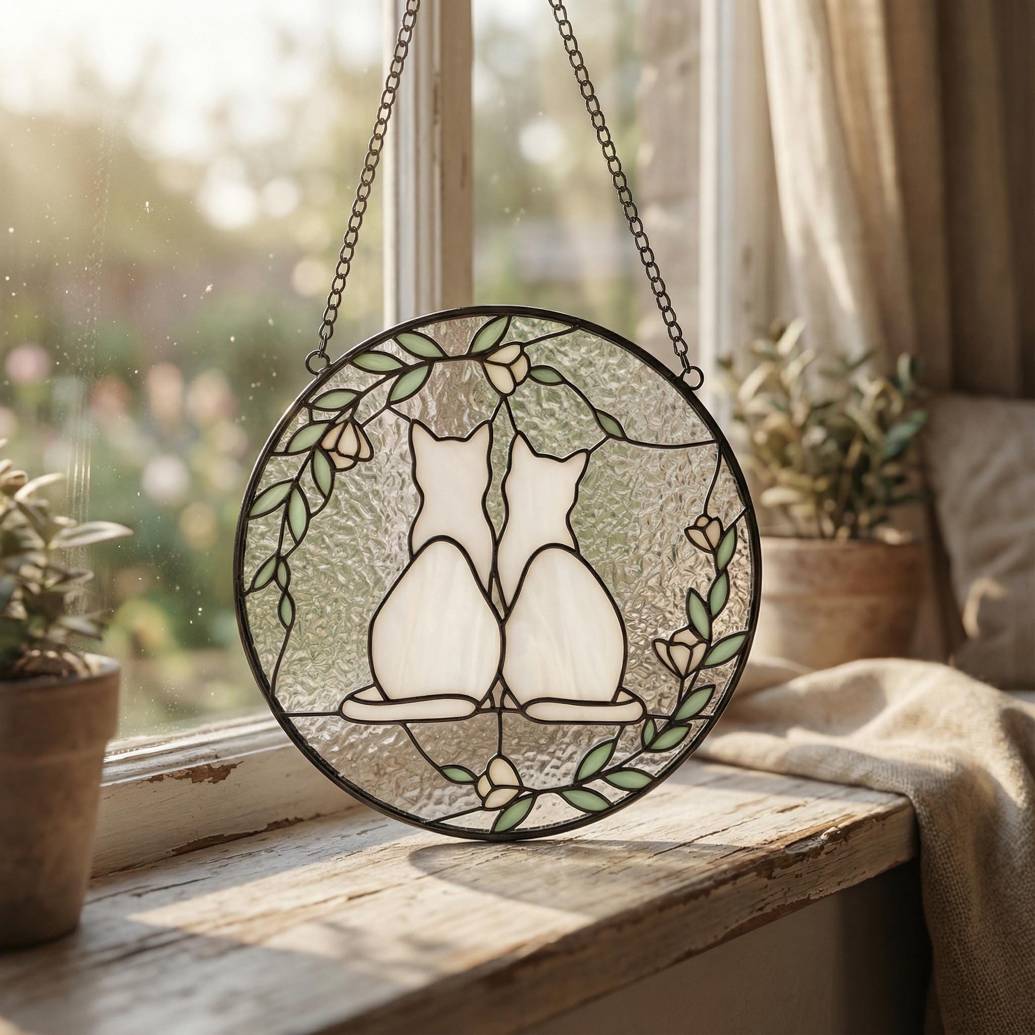 Two Cats Glass Suncatcher, Cat Lover Decor