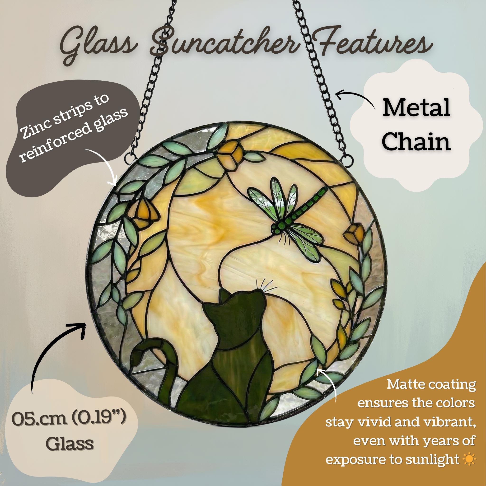 Cat & Dragonfly Glass Suncatcher Window Decor