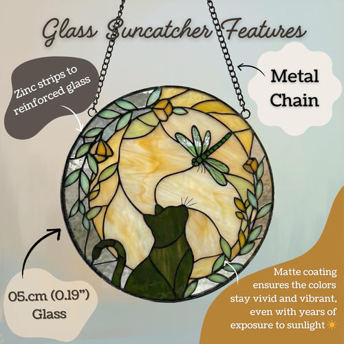 Cat & Dragonfly Glass Suncatcher Window Decor
