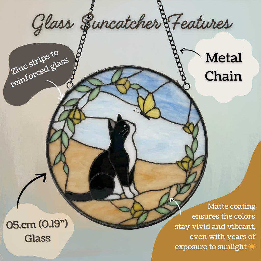 Tuxedo Cat & Butterfly Glass Window Decor