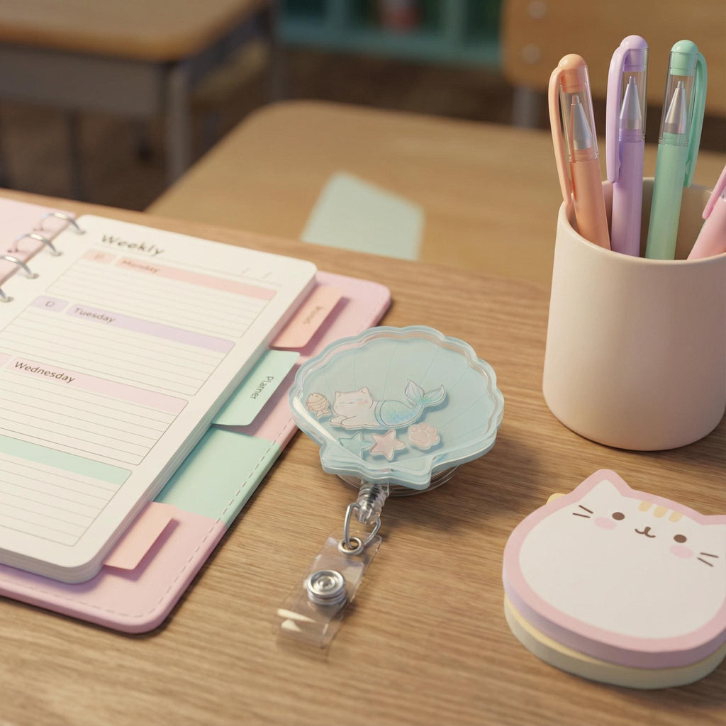 Purrmaid Mermaid Cat Shaker Badge Reel