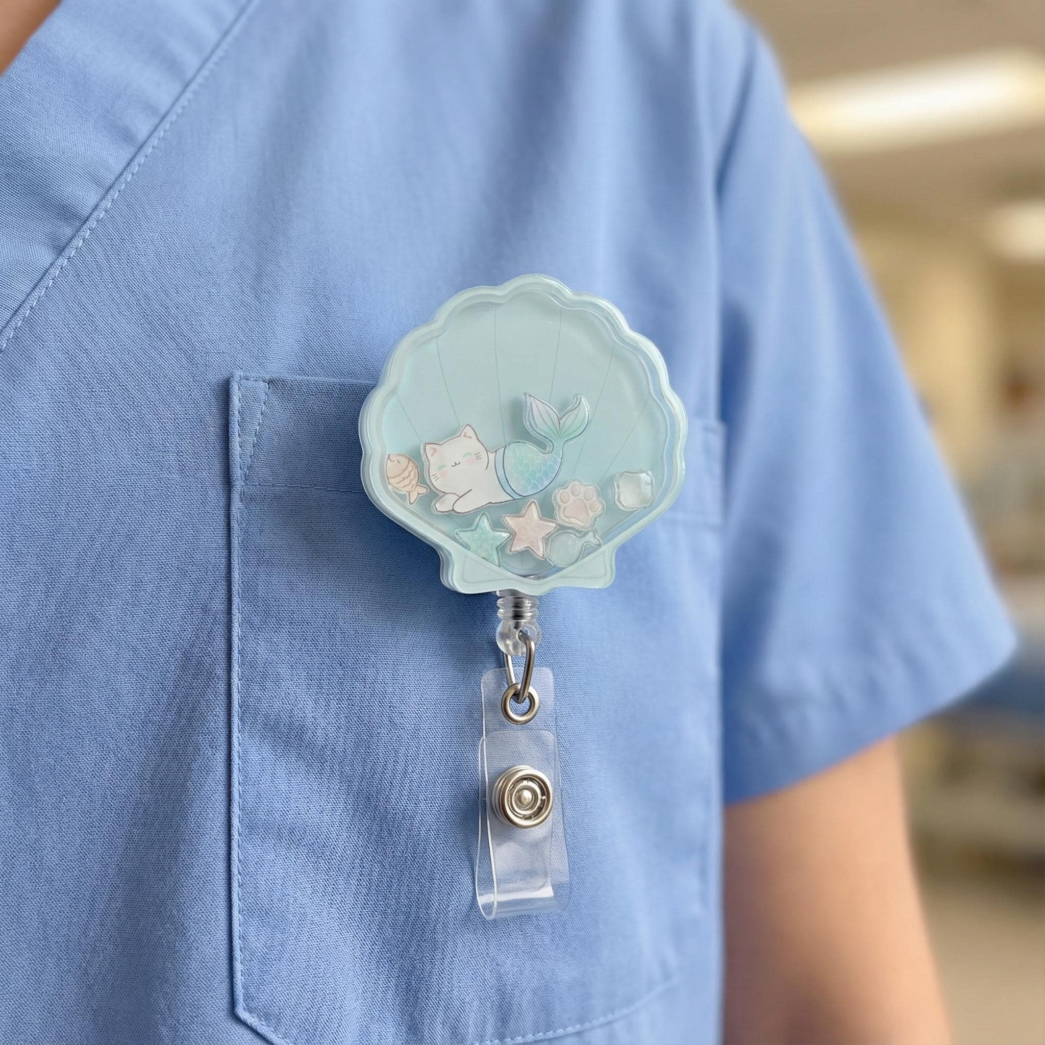Purrmaid Mermaid Cat Shaker Badge Reel