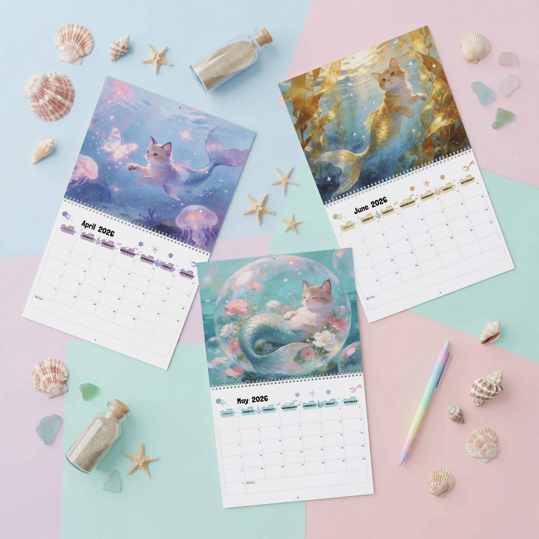 2026 / 2027 Purrmaid Calendar, Magical Mermaid Cat Art