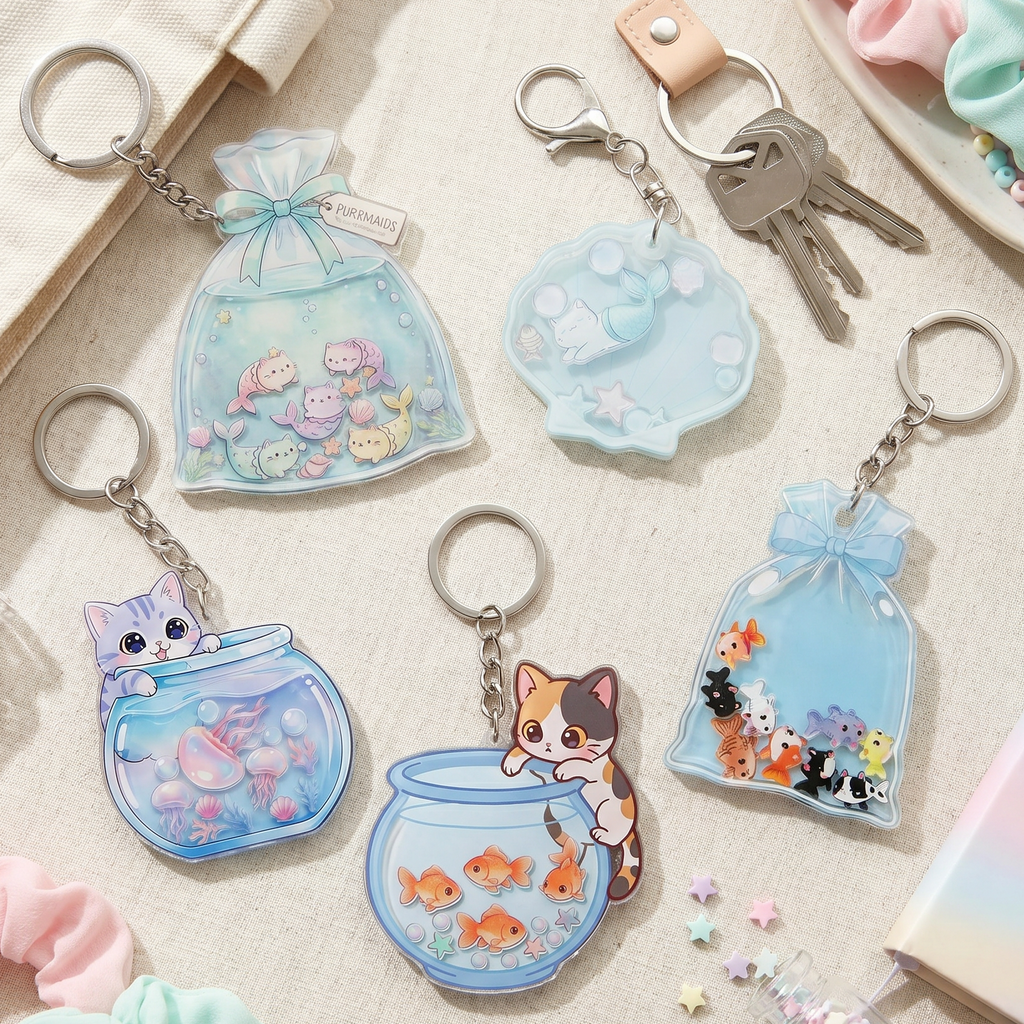 Collection of cute cat keychains and accessories on a textured surface