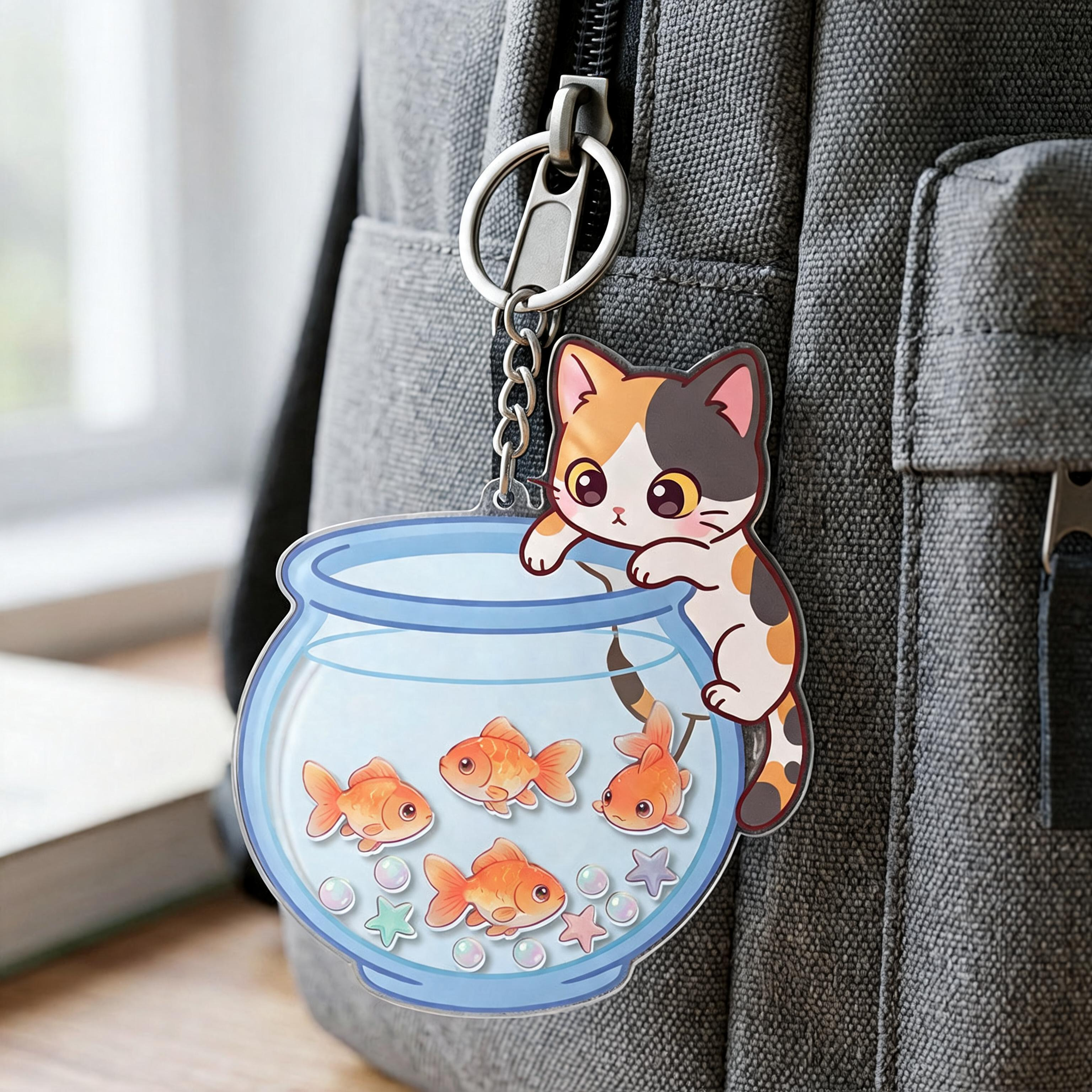Keychain with a calico cat and fishbowl design attached to a backpack.