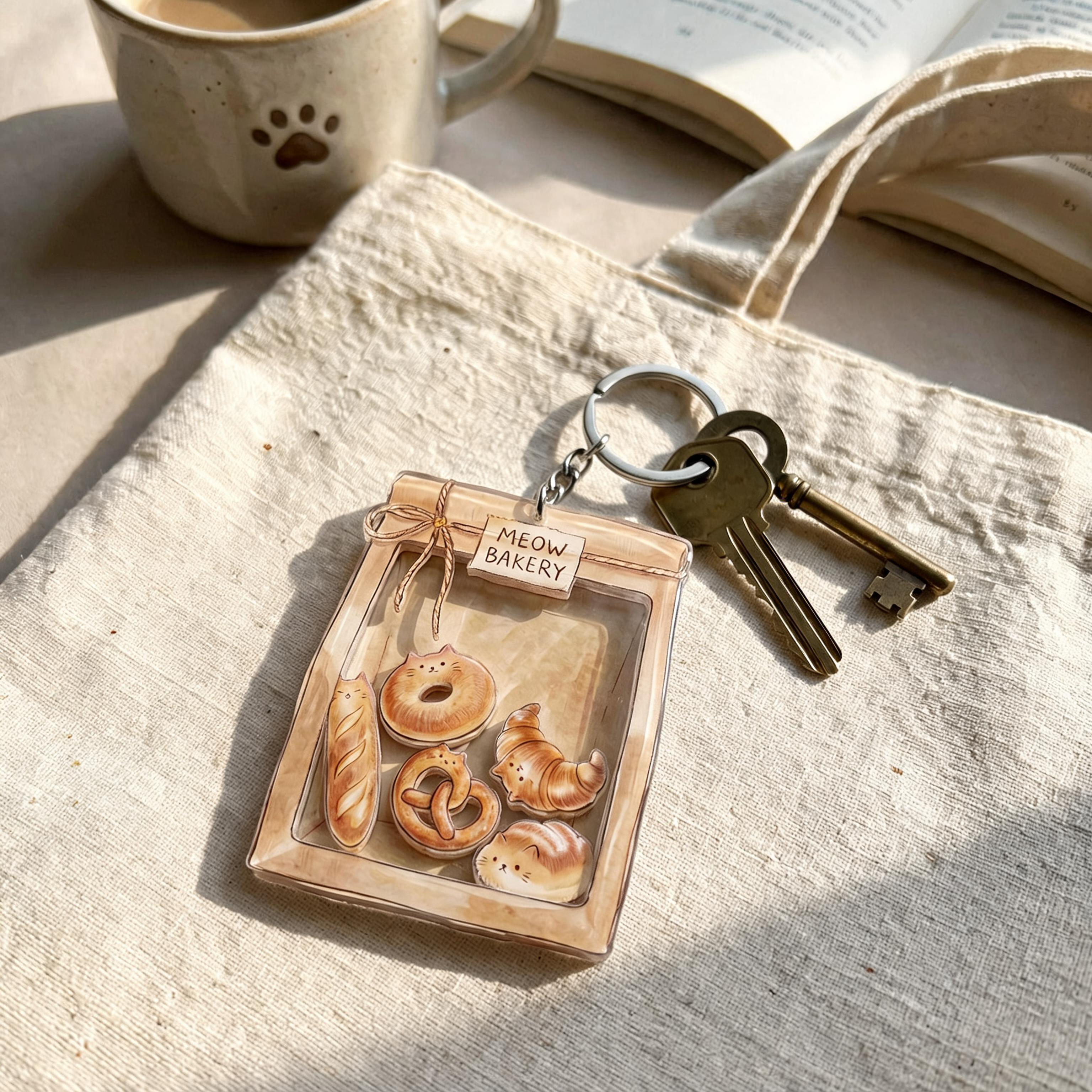 Keychain with cat bread designs on a textured surface next to a mug and book