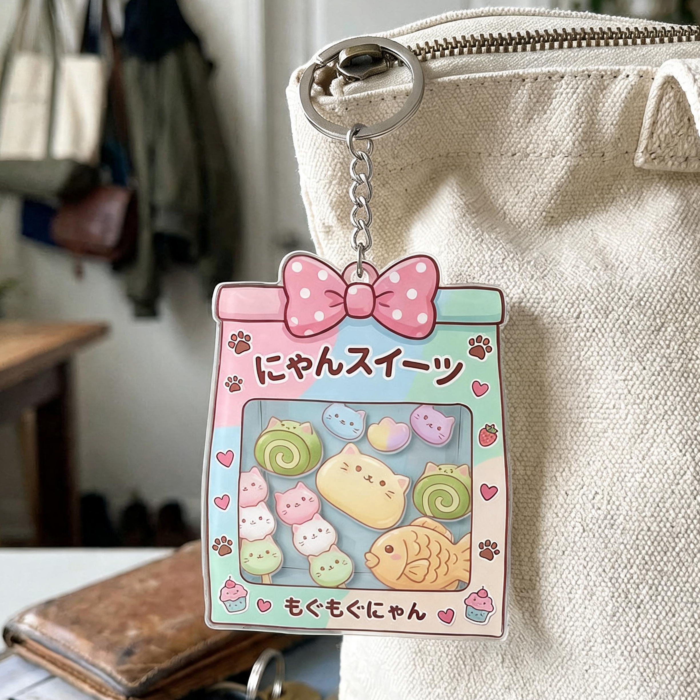 Cute keychain with japanese cat shacks attached to a beige bag in a casual setting.
