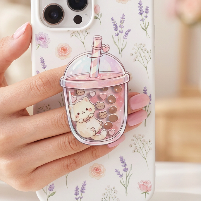 Phone case with a cute design of a cat in a bubble tea cup held by a hand.