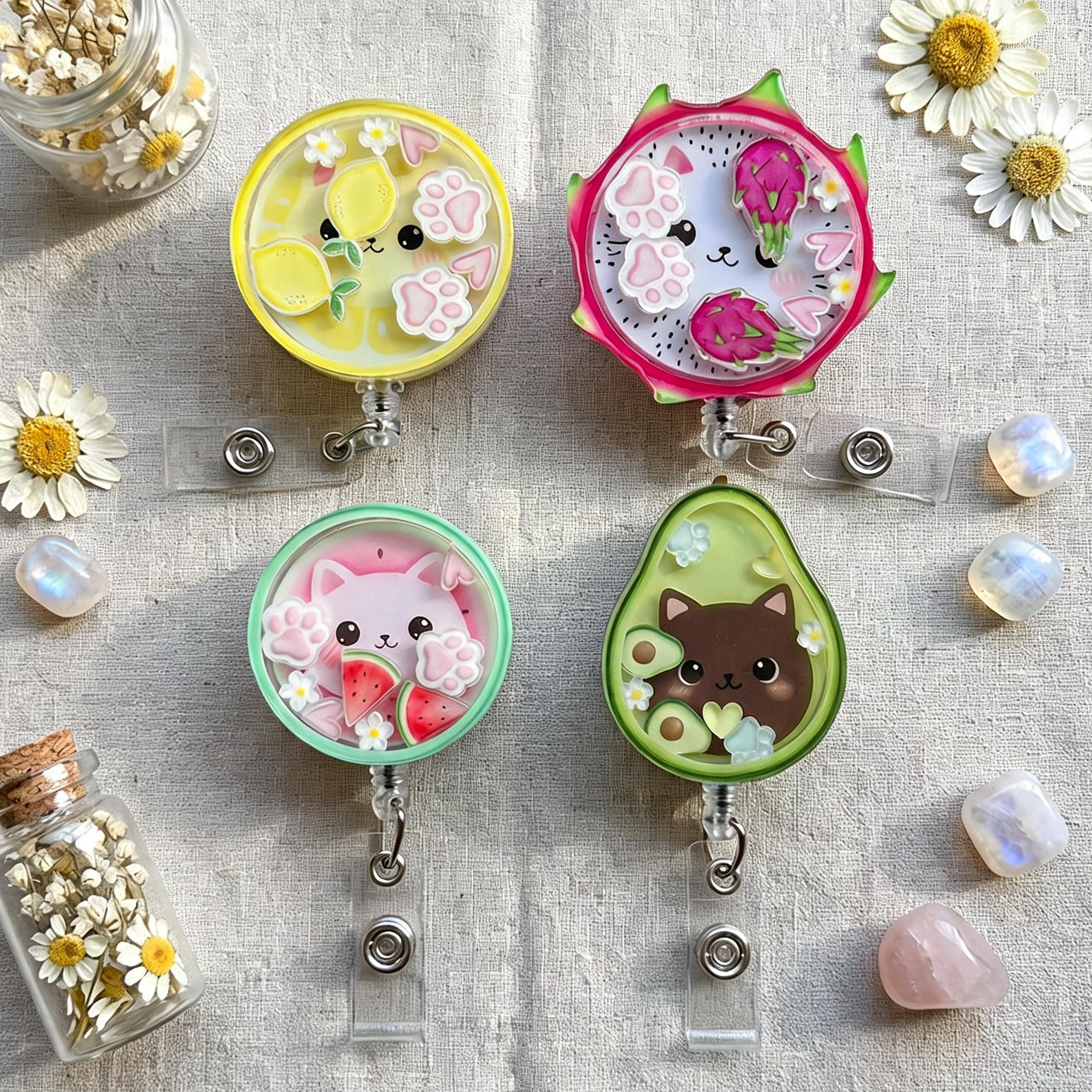 Four kawaii cat fruit badge reel holders on a textured surface with flowers and small jars.