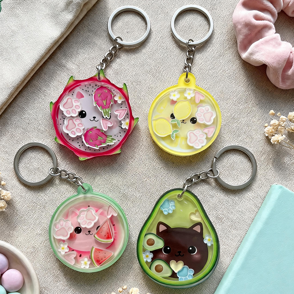 Four colorful keychains shaped like dragon fruit, lemon, cat, and avocado on a textured surface with a scrunchie and small bowl.