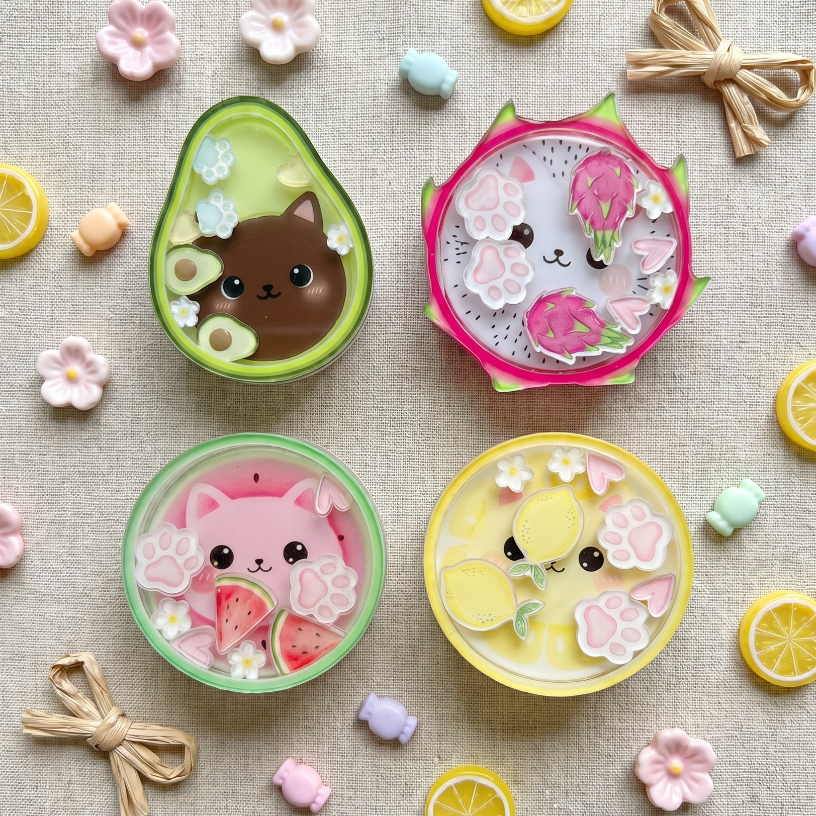 Four kawaii shaker phone grips on a textured surface with decorative elements like lemons and flowers.