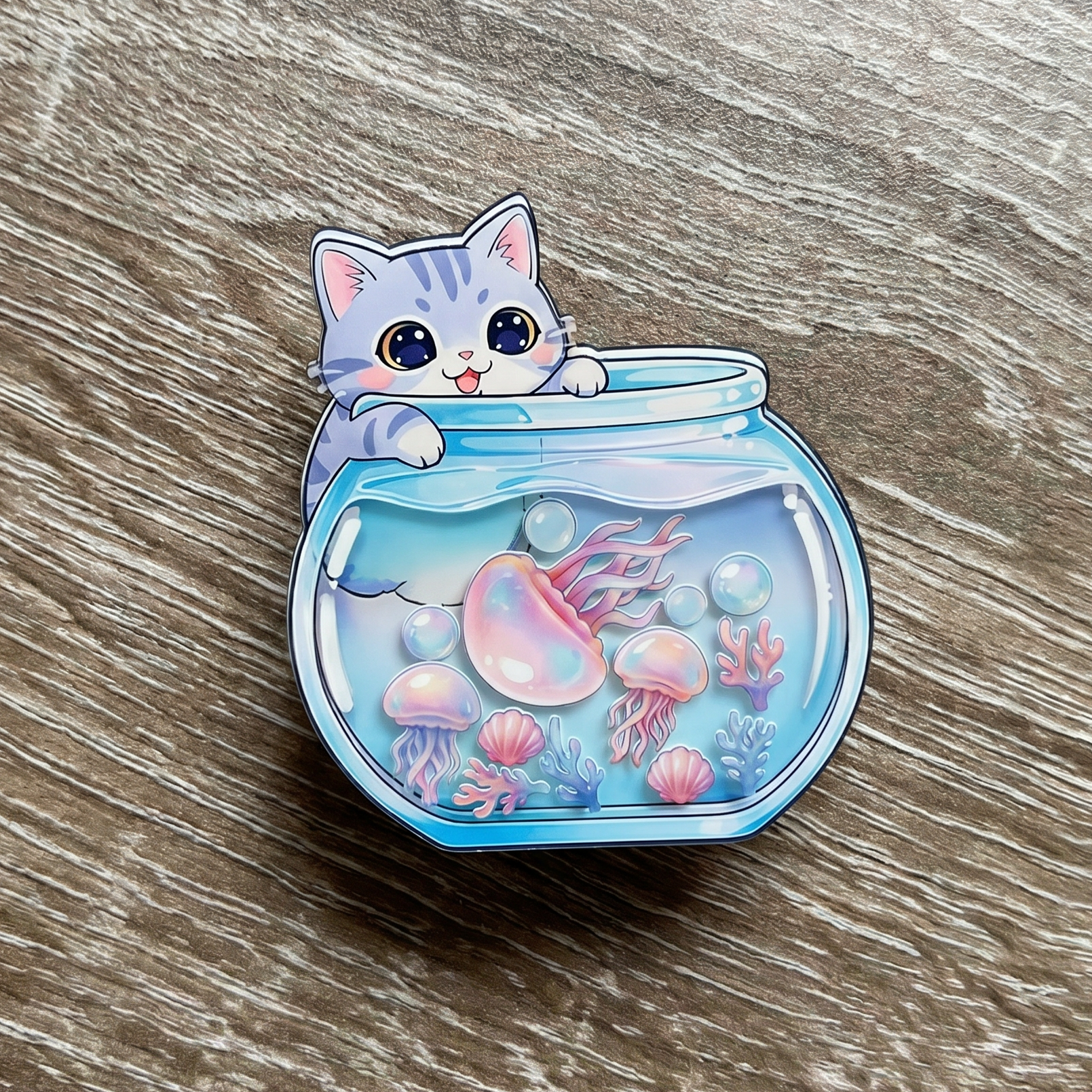expandable shaker phone holder of a cat peeking out from a fishbowl with jellyfish on a wooden surface