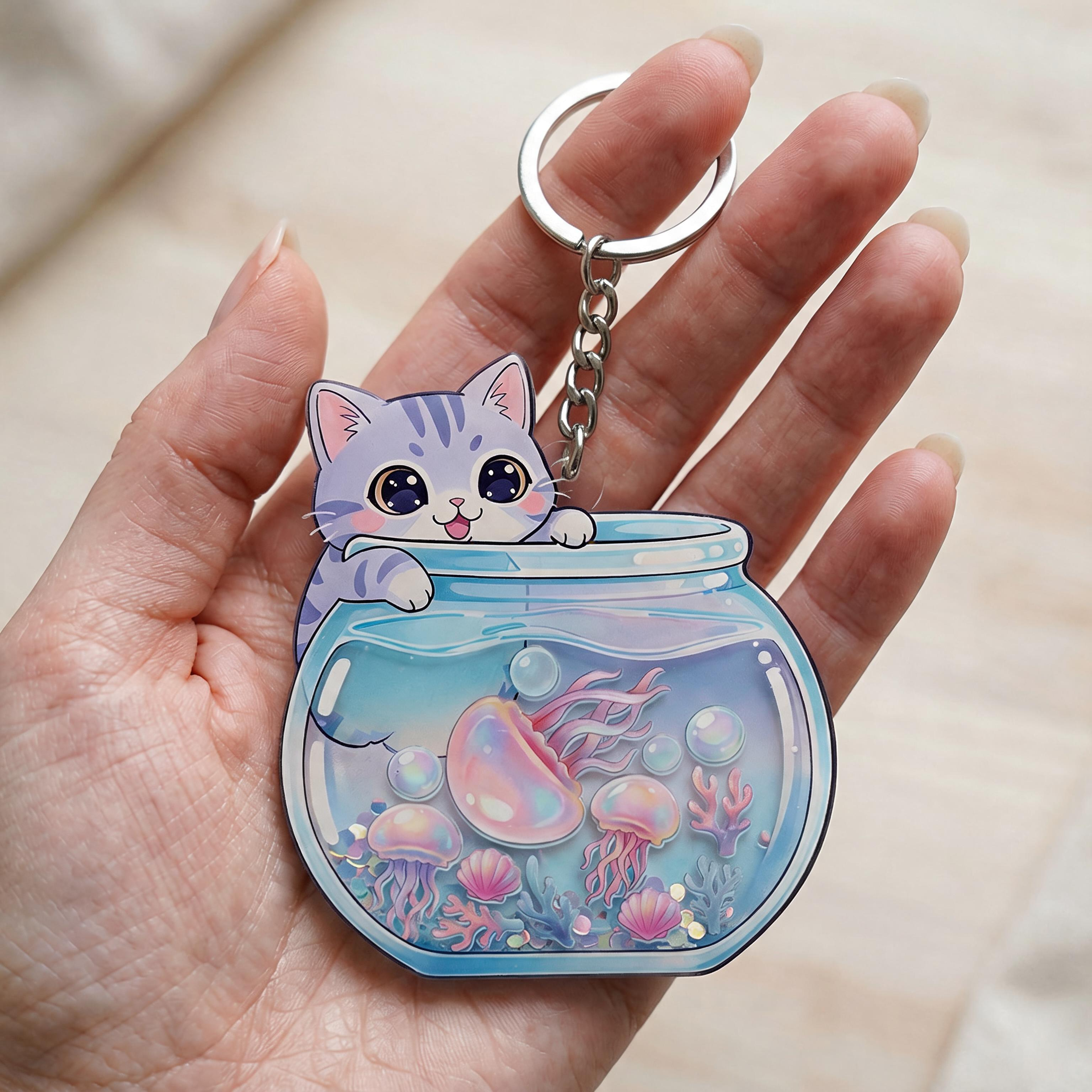 Keychain with a cat in a fishbowl with jellyfish design held in a hand.