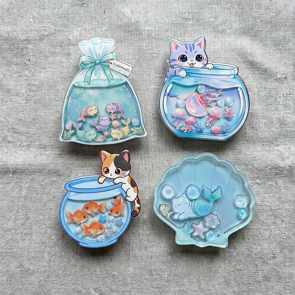 Set of four cute cat-themed aquarium expandable phone grip shakers on a textured gray background